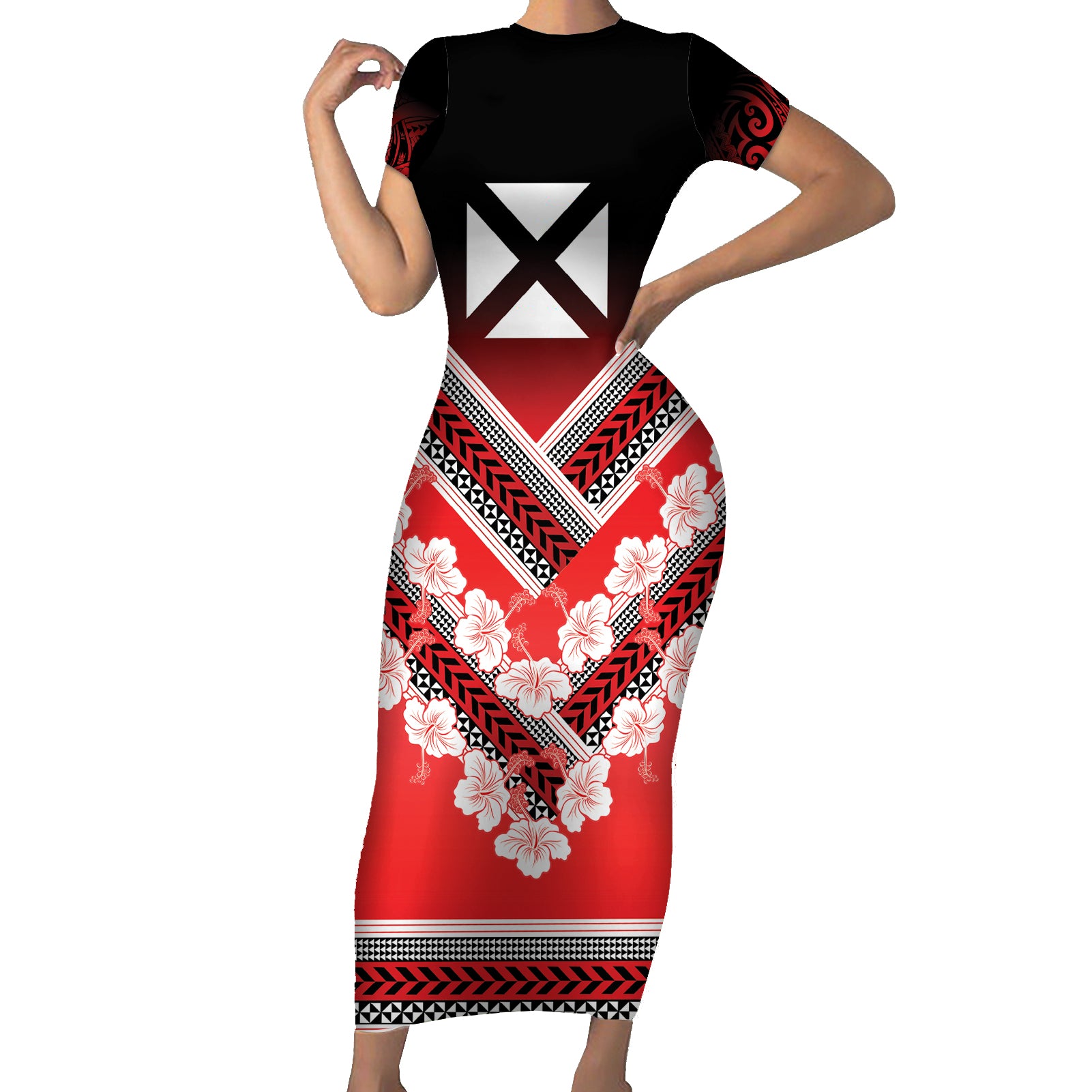 Personalised Wallis et Futuna Short Sleeve Bodycon Dress Hibiscus and Polynesian Tribal Tattoos