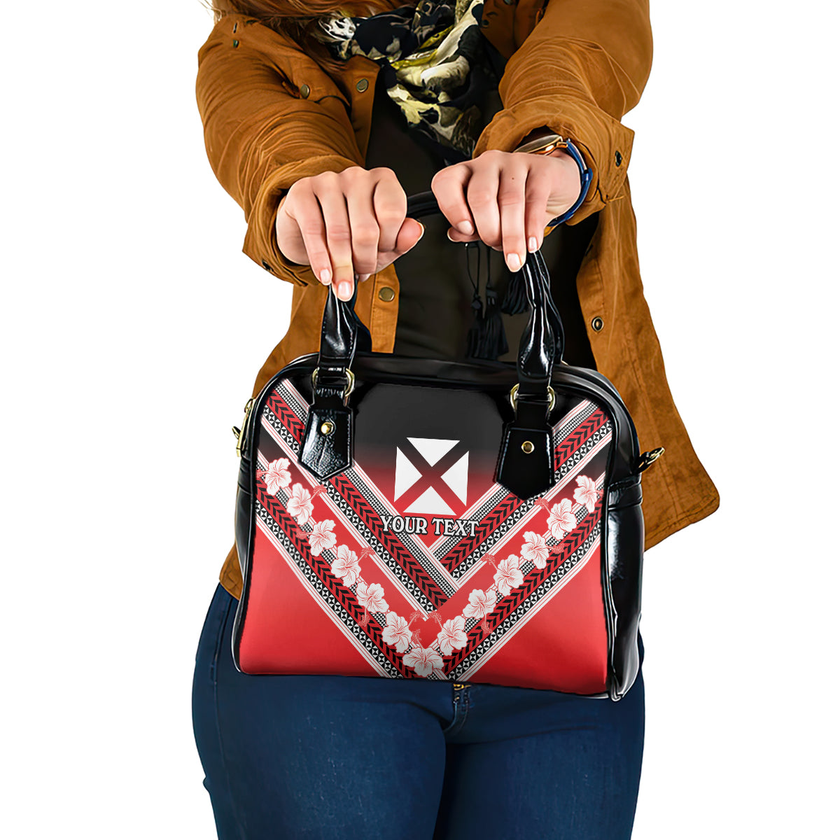 Personalised Wallis et Futuna Shoulder Handbag Hibiscus and Polynesian Tribal Tattoos