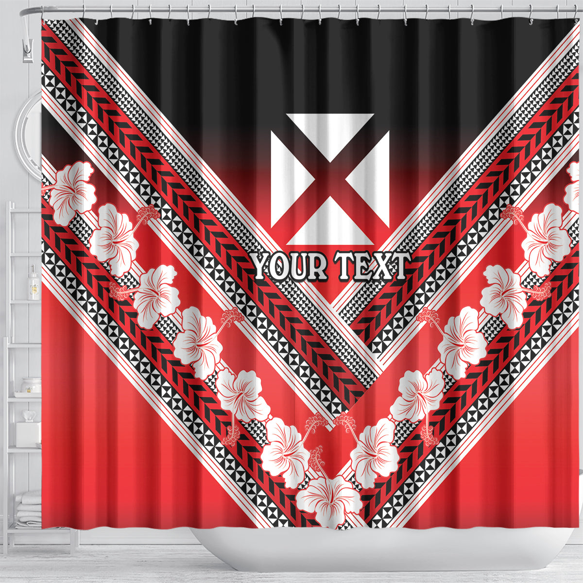 Personalised Wallis et Futuna Shower Curtain Hibiscus and Polynesian Tribal Tattoos