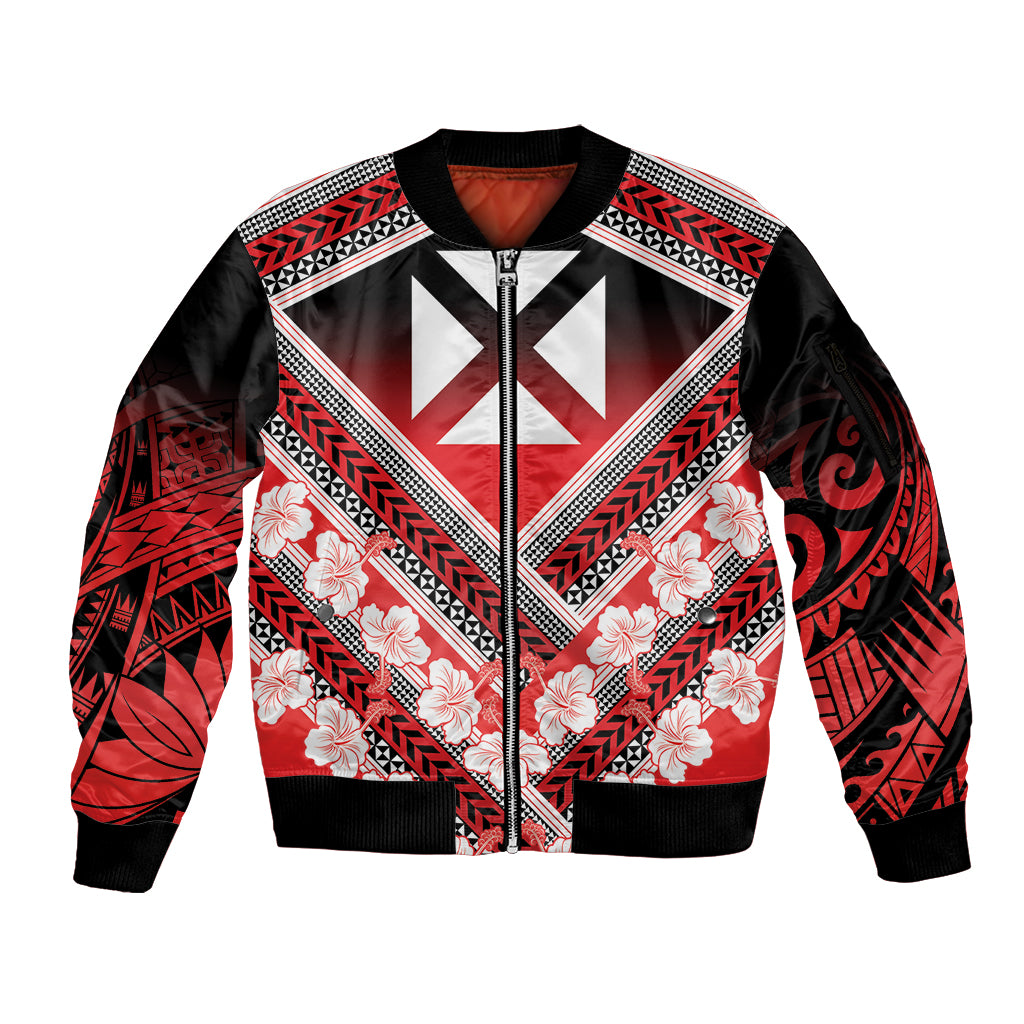 Personalised Wallis et Futuna Sleeve Zip Bomber Jacket Hibiscus and Polynesian Tribal Tattoos LT9 Unisex Red - Polynesian Pride
