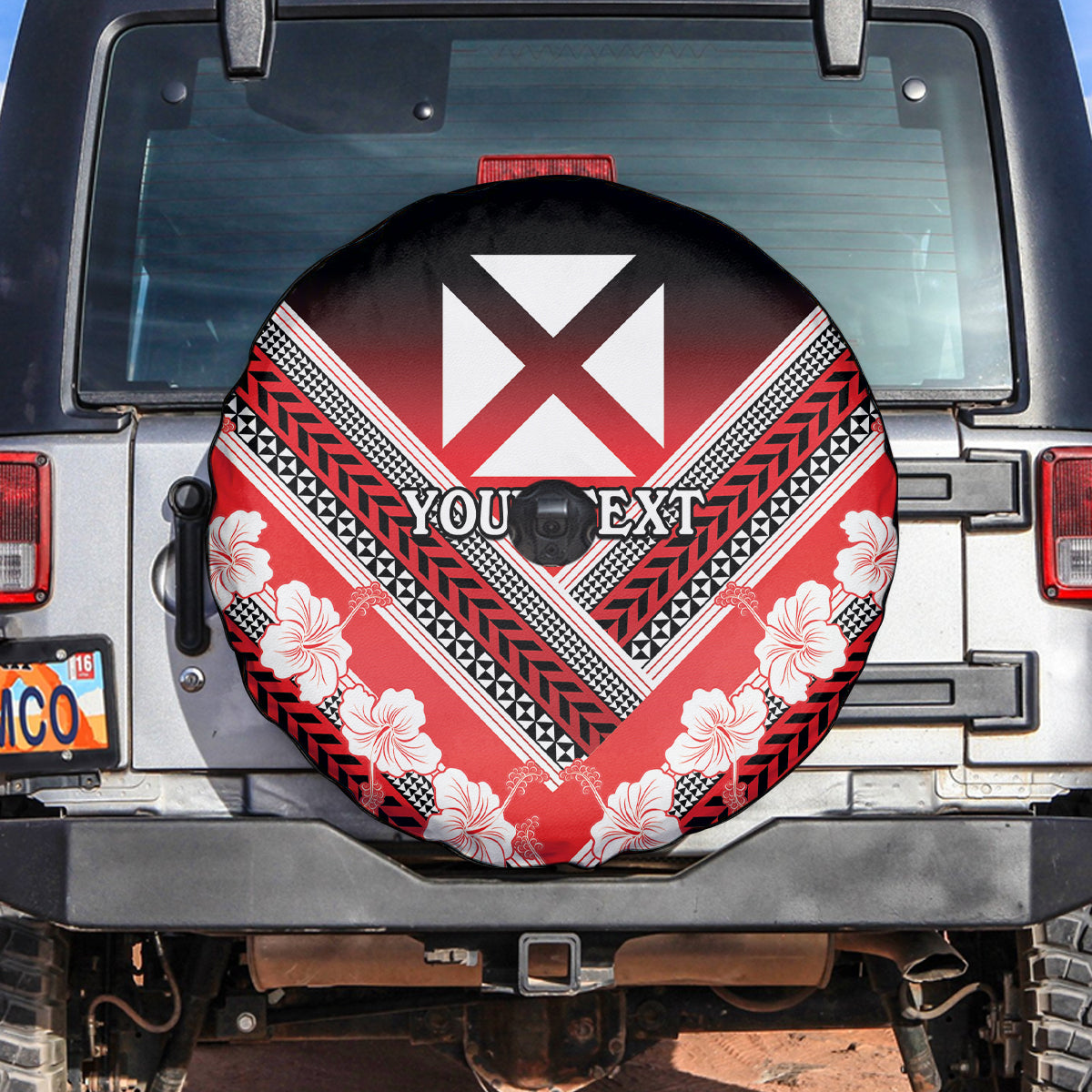 Personalised Wallis et Futuna Spare Tire Cover Hibiscus and Polynesian Tribal Tattoos