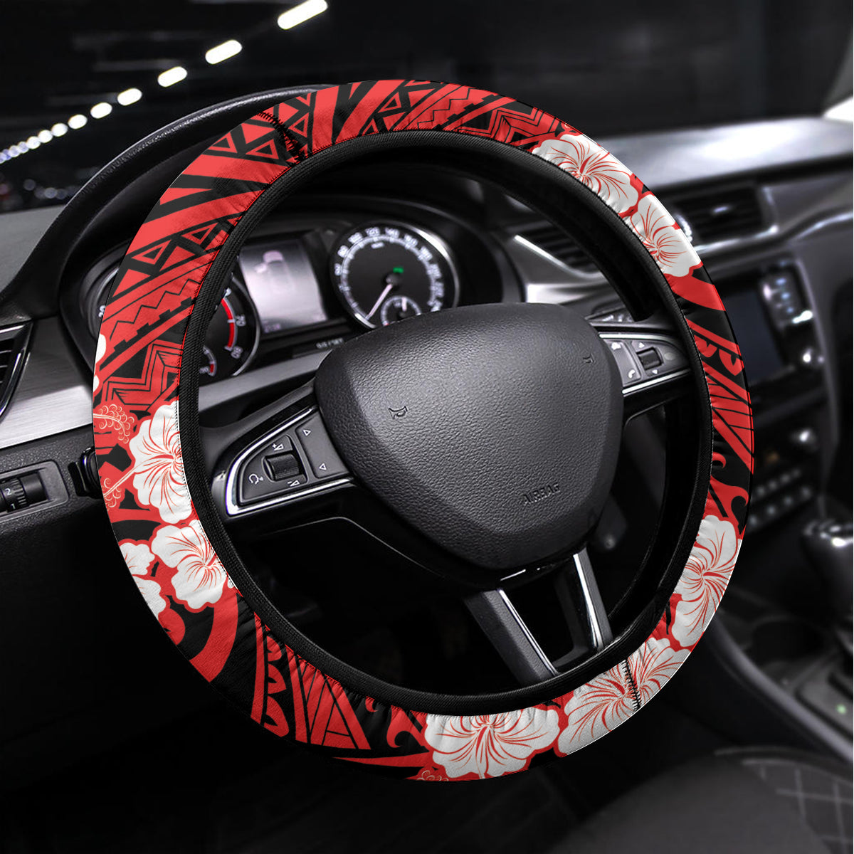 Personalised Wallis et Futuna Steering Wheel Cover Hibiscus and Polynesian Tribal Tattoos LT9 Universal Fit Red - Polynesian Pride