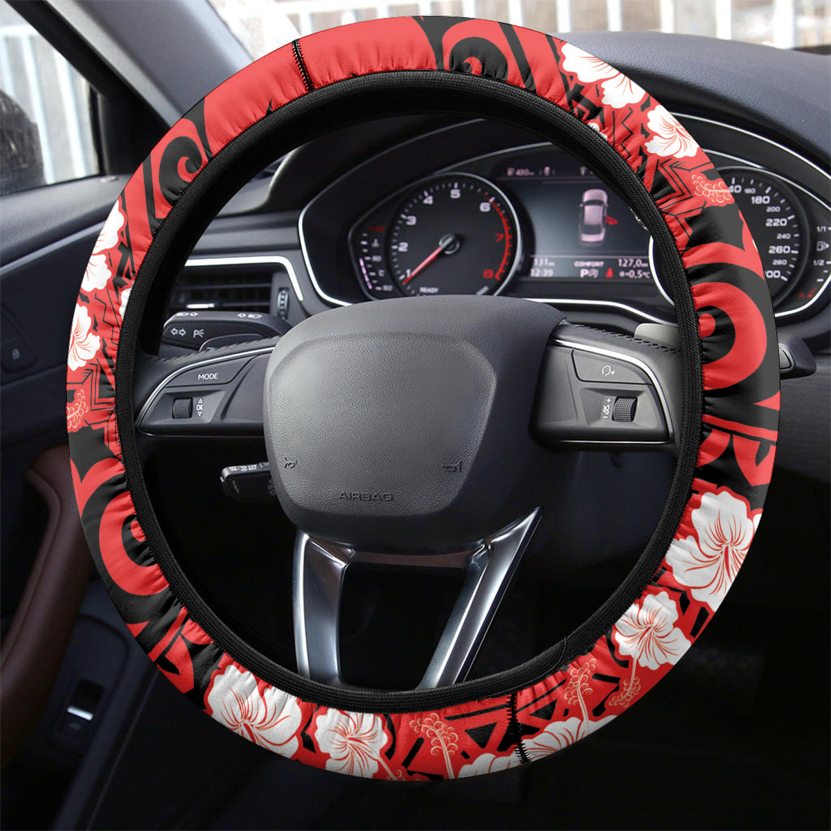 Personalised Wallis et Futuna Steering Wheel Cover Hibiscus and Polynesian Tribal Tattoos LT9 - Polynesian Pride