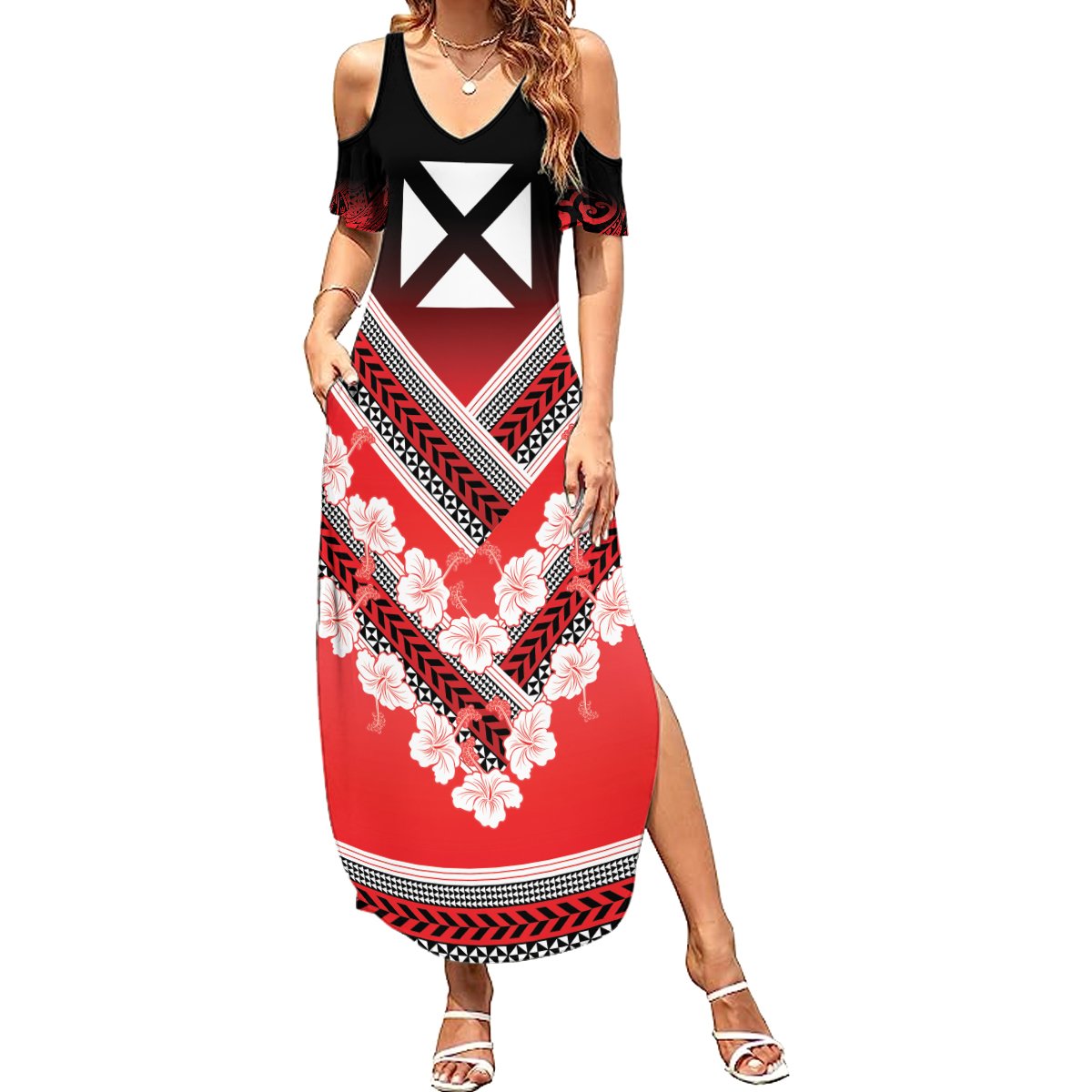 Personalised Wallis et Futuna Summer Maxi Dress Hibiscus and Polynesian Tribal Tattoos LT9 Women Red - Polynesian Pride