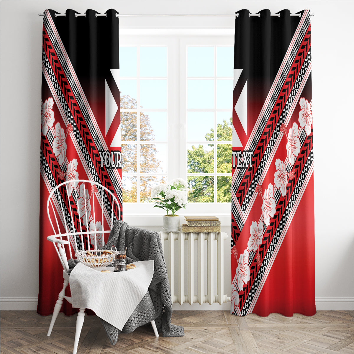 Personalised Wallis et Futuna Window Curtain Hibiscus and Polynesian Tribal Tattoos LT9 - Polynesian Pride