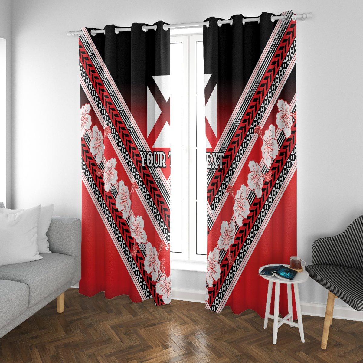 Personalised Wallis et Futuna Window Curtain Hibiscus and Polynesian Tribal Tattoos LT9 With Grommets Red - Polynesian Pride