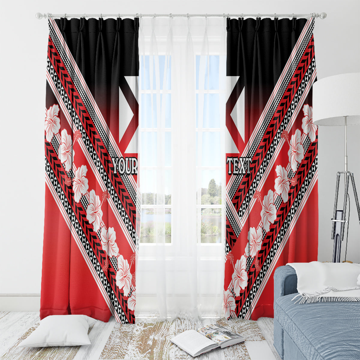Personalised Wallis et Futuna Window Curtain Hibiscus and Polynesian Tribal Tattoos LT9 - Polynesian Pride