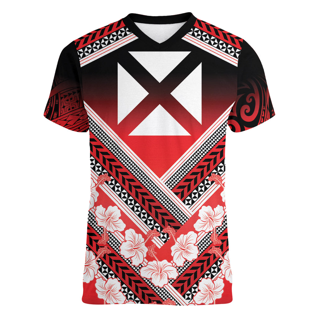 Personalised Wallis et Futuna Women V Neck T Shirt Hibiscus and Polynesian Tribal Tattoos