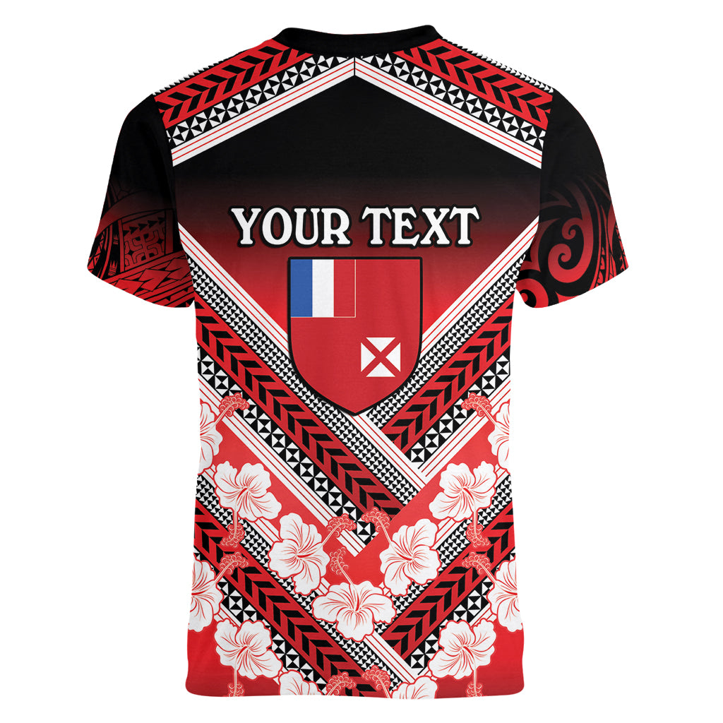Personalised Wallis et Futuna Women V Neck T Shirt Hibiscus and Polynesian Tribal Tattoos