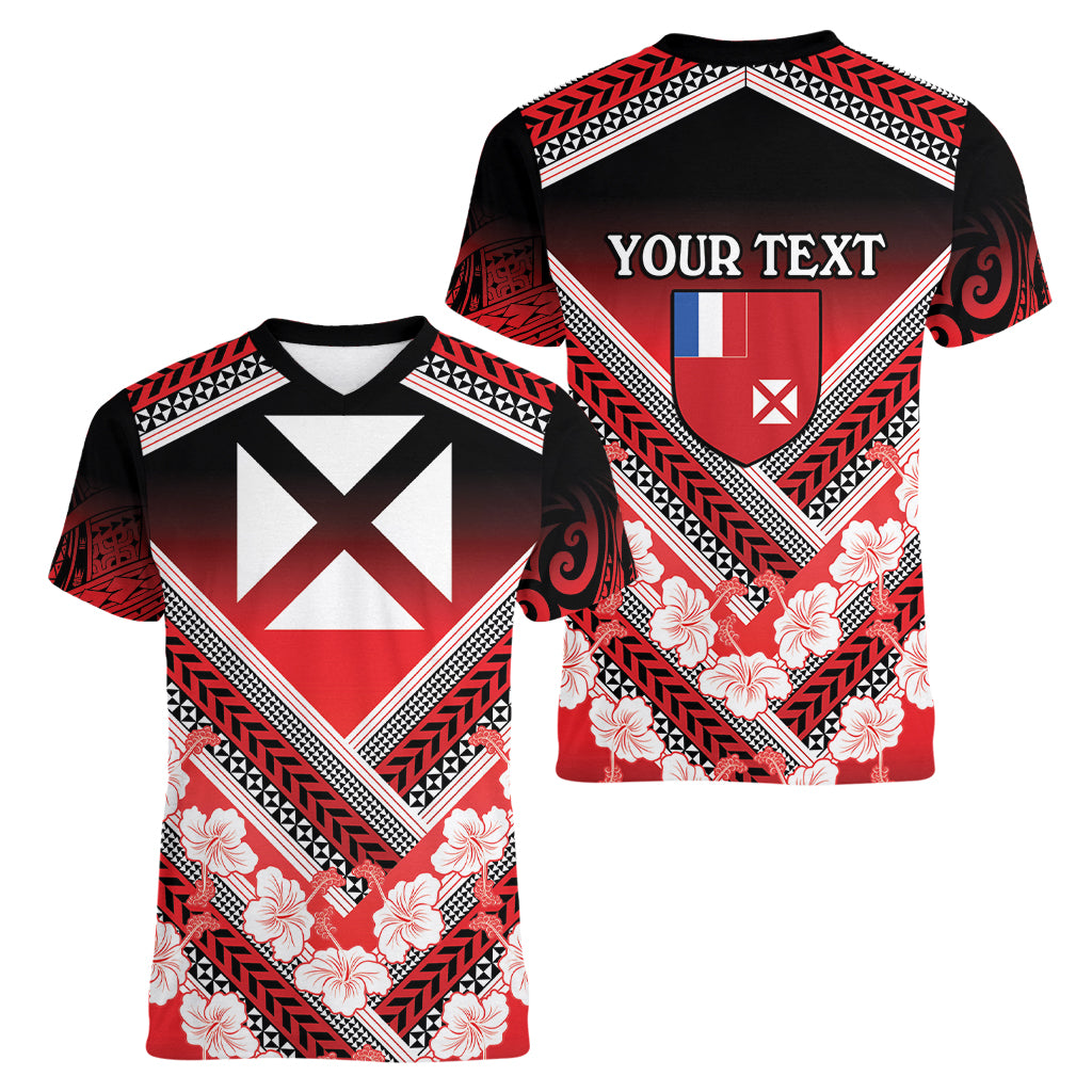 Personalised Wallis et Futuna Women V Neck T Shirt Hibiscus and Polynesian Tribal Tattoos