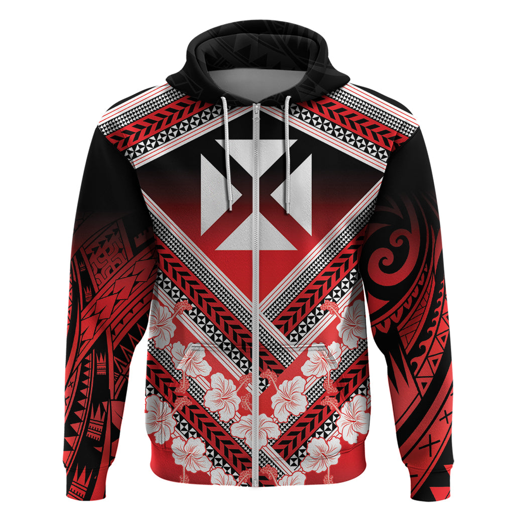 Personalised Wallis et Futuna Zip Hoodie Hibiscus and Polynesian Tribal Tattoos
