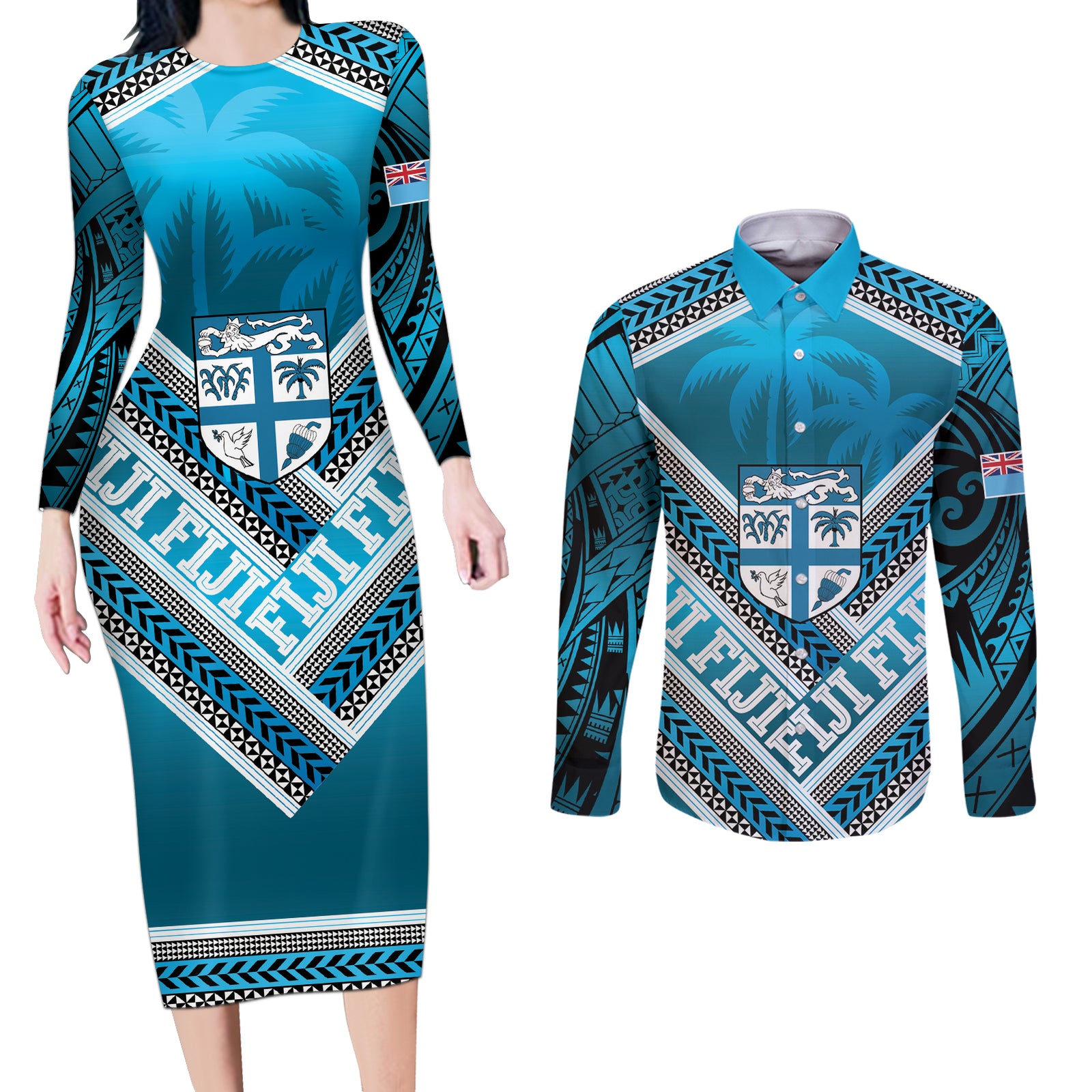 Custom Fiji Rugby Couples Matching Long Sleeve Bodycon Dress and Long Sleeve Button Shirt Fijian Warrior With Polynesian Tribal Tattoos