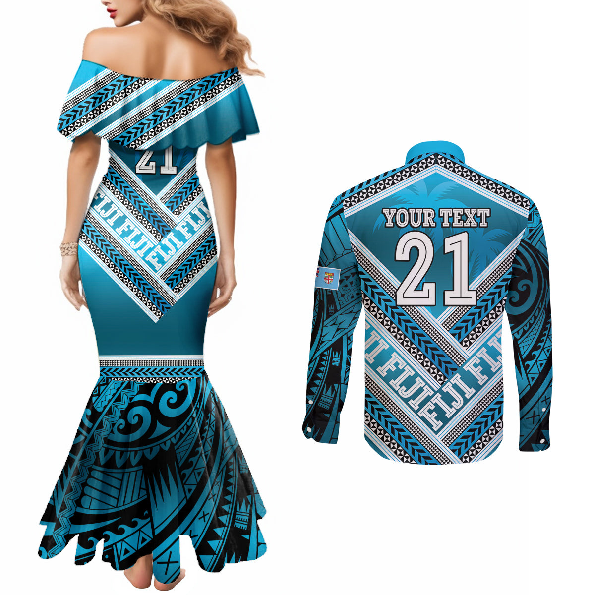 Custom Fiji Rugby Couples Matching Mermaid Dress and Long Sleeve Button Shirt Fijian Warrior With Polynesian Tribal Tattoos