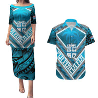 Custom Fiji Rugby Couples Matching Puletasi and Hawaiian Shirt Fijian Warrior With Polynesian Tribal Tattoos