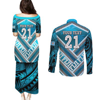 Custom Fiji Rugby Couples Matching Puletasi and Long Sleeve Button Shirt Fijian Warrior With Polynesian Tribal Tattoos