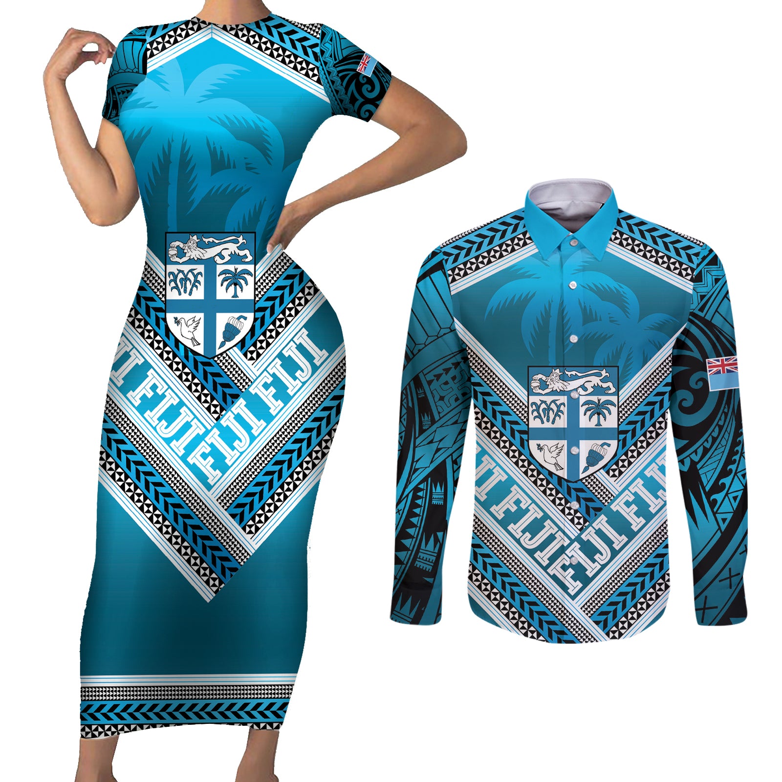Custom Fiji Rugby Couples Matching Short Sleeve Bodycon Dress and Long Sleeve Button Shirt Fijian Warrior With Polynesian Tribal Tattoos