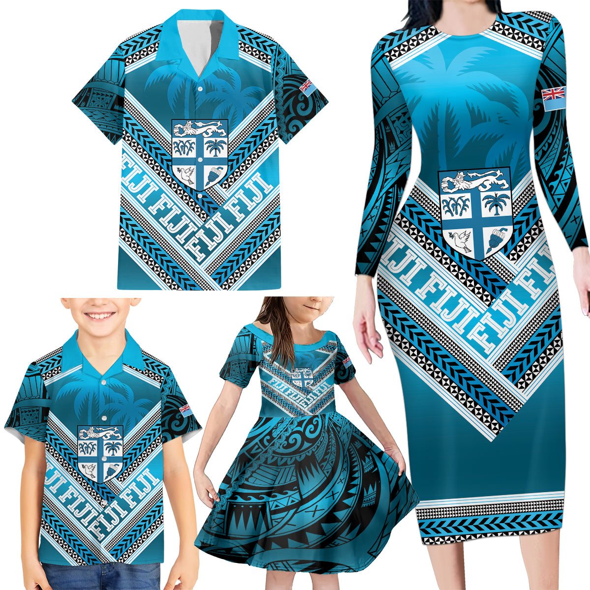 Custom Fiji Rugby Family Matching Long Sleeve Bodycon Dress and Hawaiian Shirt Fijian Warrior With Polynesian Tribal Tattoos