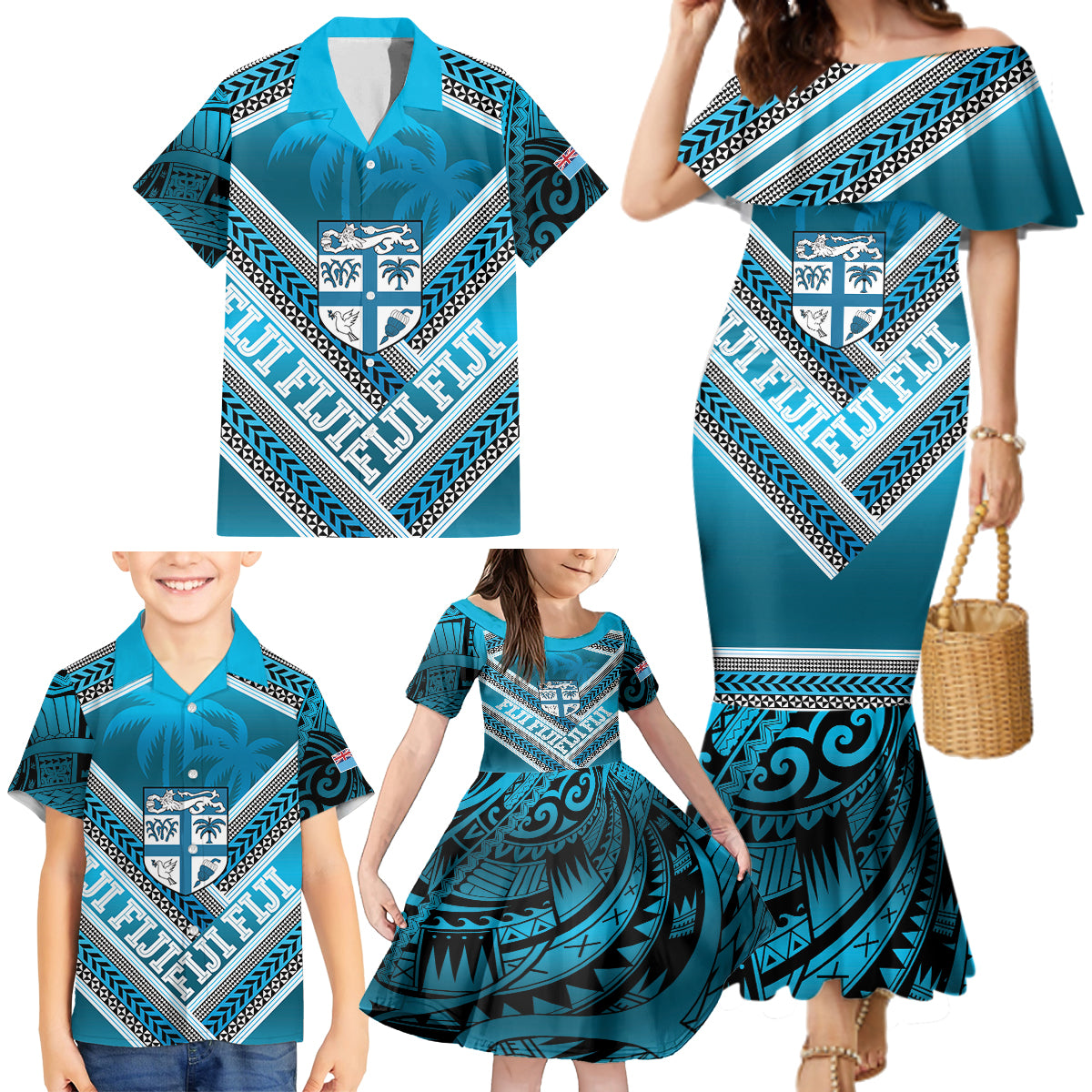 Custom Fiji Rugby Family Matching Mermaid Dress and Hawaiian Shirt Fijian Warrior With Polynesian Tribal Tattoos