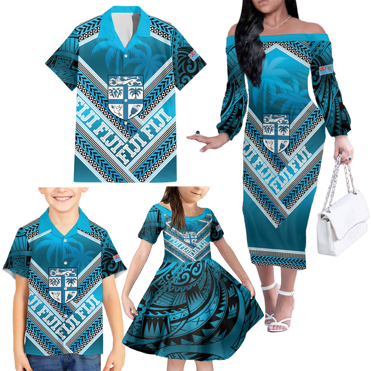 Custom Fiji Rugby Family Matching Off The Shoulder Long Sleeve Dress and Hawaiian Shirt Fijian Warrior With Polynesian Tribal Tattoos