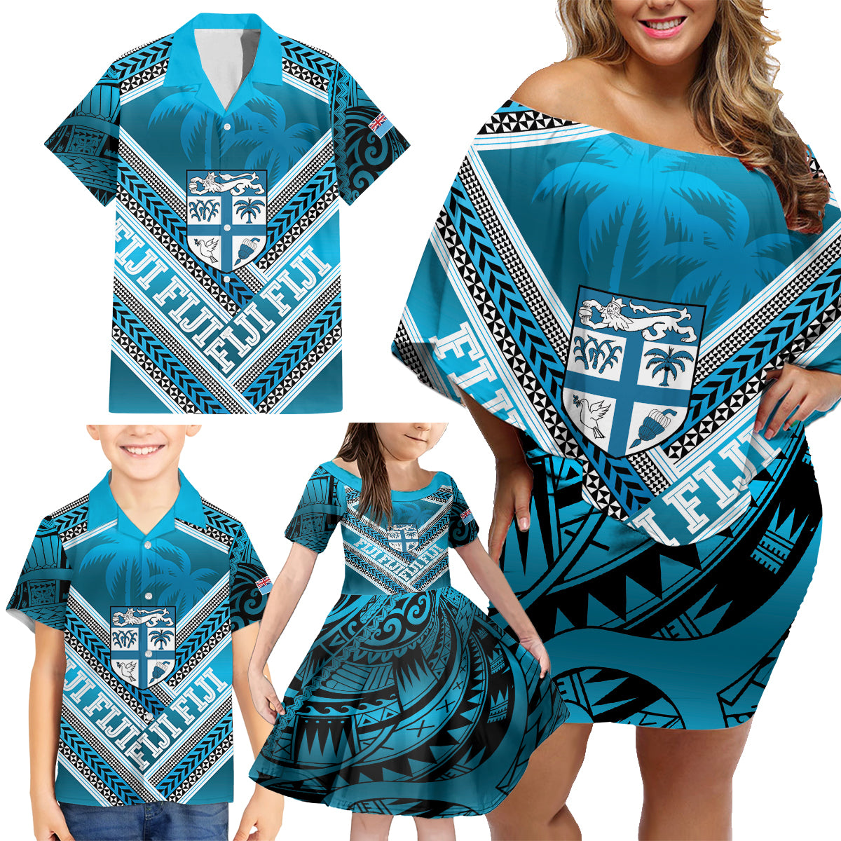 Custom Fiji Rugby Family Matching Off Shoulder Short Dress and Hawaiian Shirt Fijian Warrior With Polynesian Tribal Tattoos