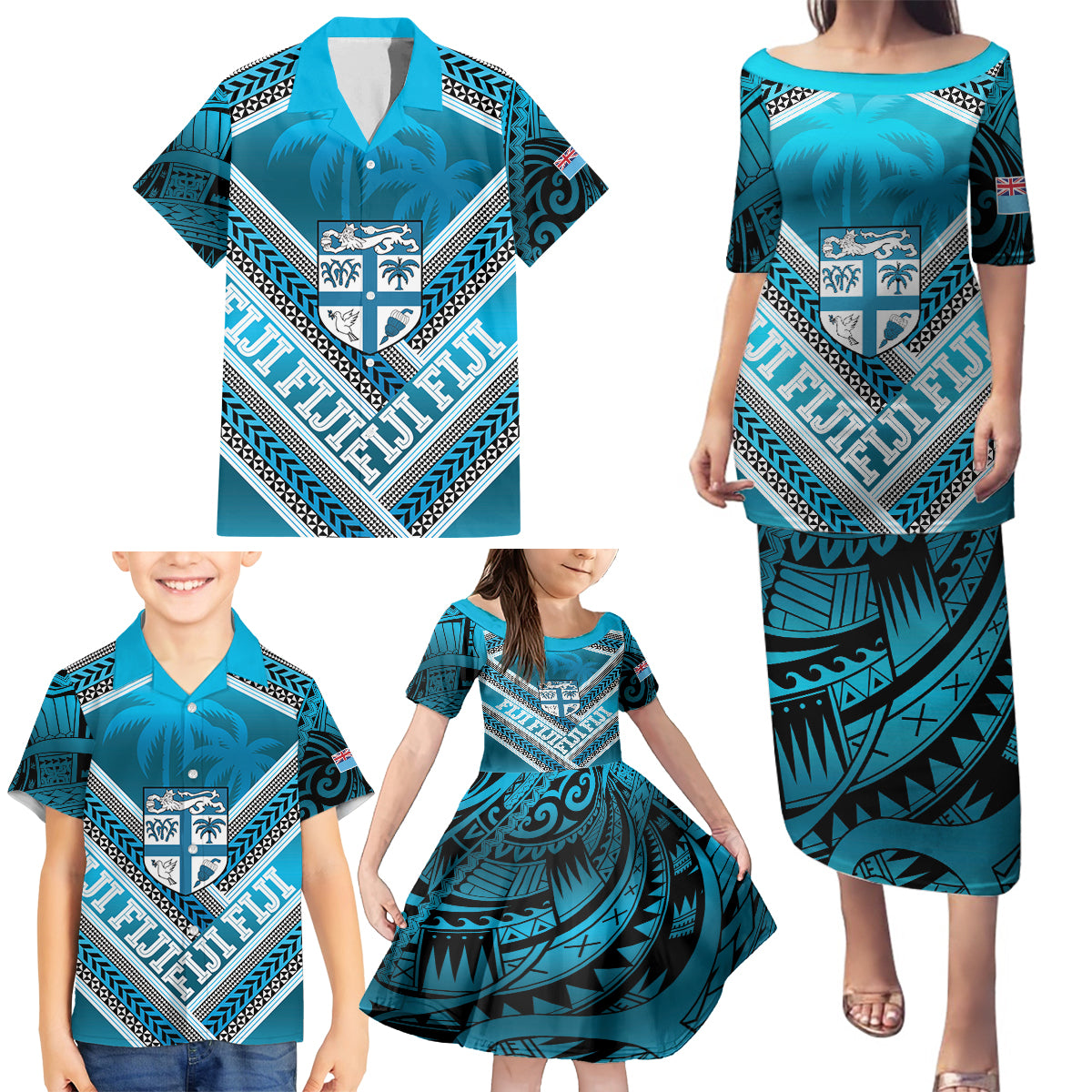 Custom Fiji Rugby Family Matching Puletasi and Hawaiian Shirt Fijian Warrior With Polynesian Tribal Tattoos