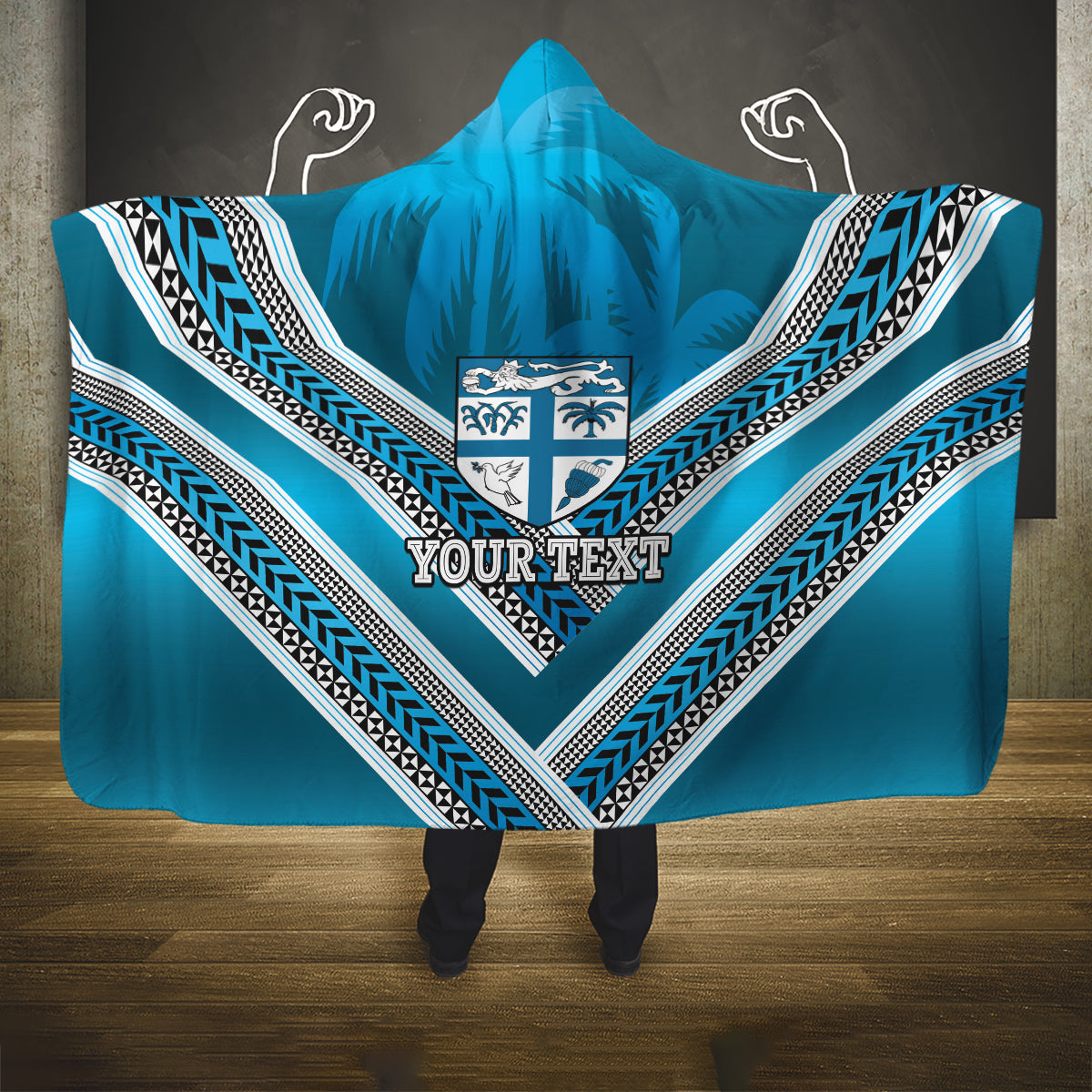 Custom Fiji Rugby Hooded Blanket Fijian Warrior With Polynesian Tribal Tattoos