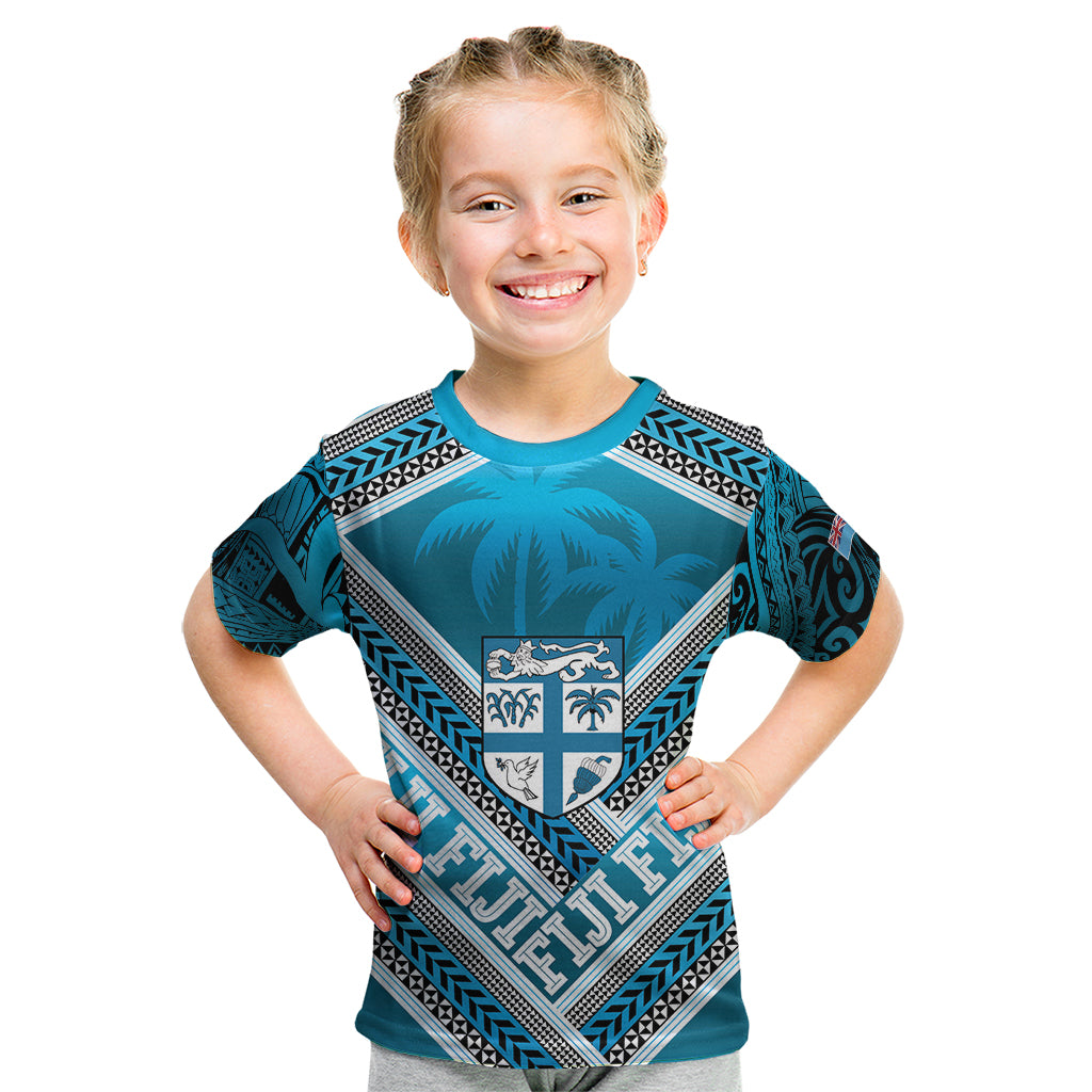 Custom Fiji Rugby Kid T Shirt Fijian Warrior With Polynesian Tribal Tattoos