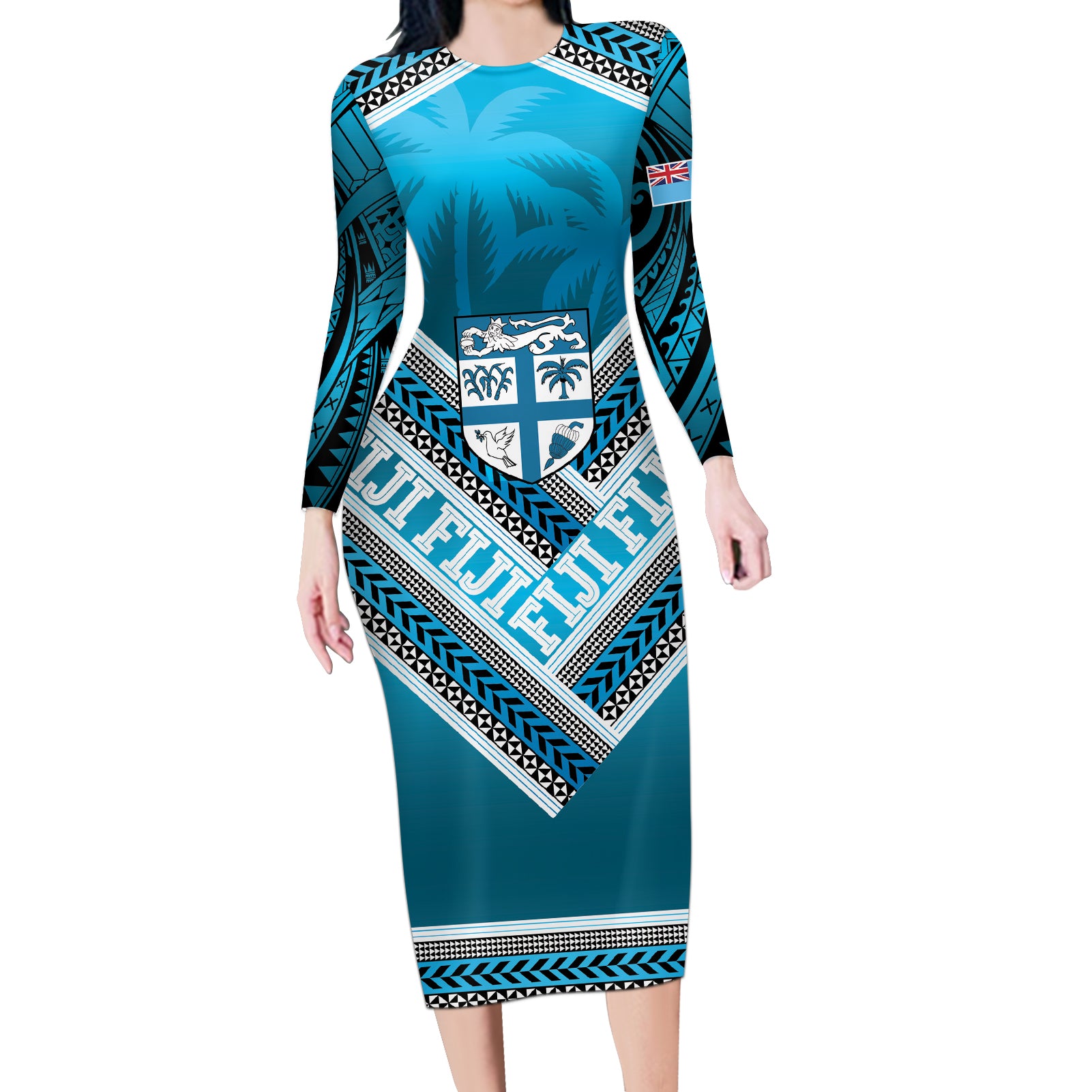 Custom Fiji Rugby Long Sleeve Bodycon Dress Fijian Warrior With Polynesian Tribal Tattoos