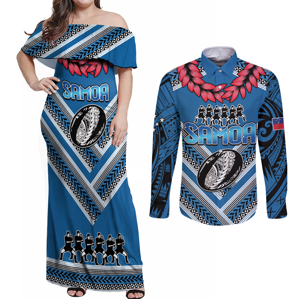 Custom Manuma Samoa Rugby Couples Matching Off Shoulder Maxi Dress and Long Sleeve Button Shirt Ula fala Samoan Siva Tau Tribal