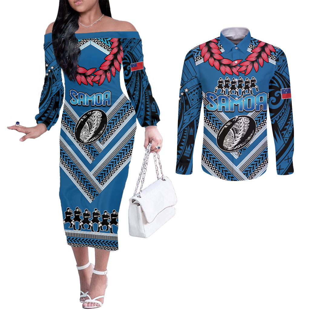 Custom Manuma Samoa Rugby Couples Matching Off The Shoulder Long Sleeve Dress and Long Sleeve Button Shirt Ula fala Samoan Siva Tau Tribal