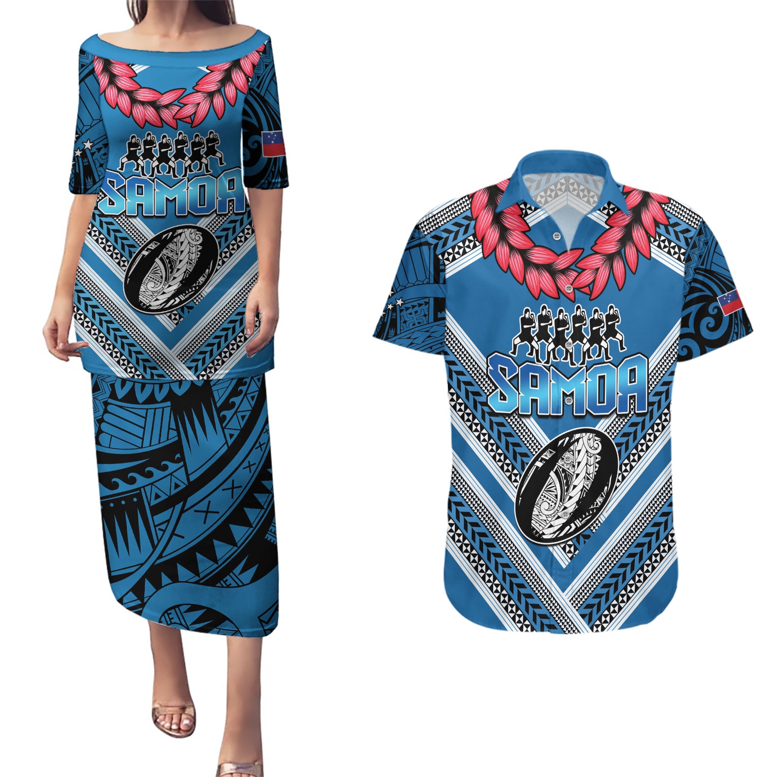 Custom Manuma Samoa Rugby Couples Matching Puletasi and Hawaiian Shirt Ula fala Samoan Siva Tau Tribal