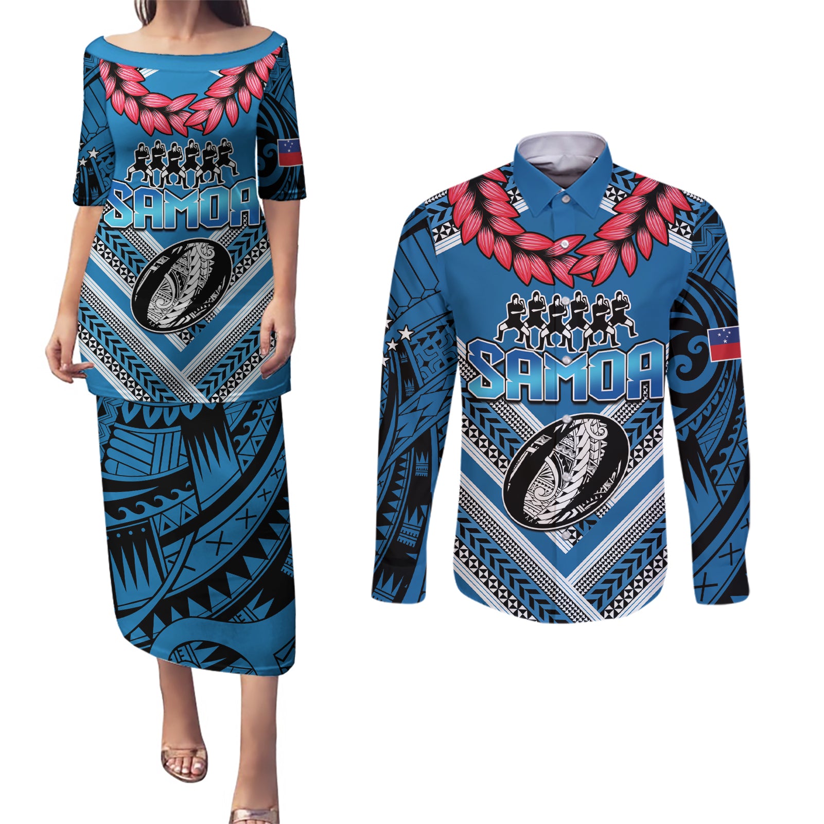 Custom Manuma Samoa Rugby Couples Matching Puletasi and Long Sleeve Button Shirt Ula fala Samoan Siva Tau Tribal