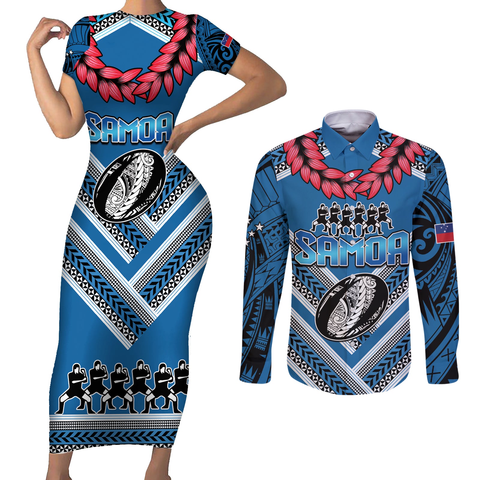 Custom Manuma Samoa Rugby Couples Matching Short Sleeve Bodycon Dress and Long Sleeve Button Shirt Ula fala Samoan Siva Tau Tribal