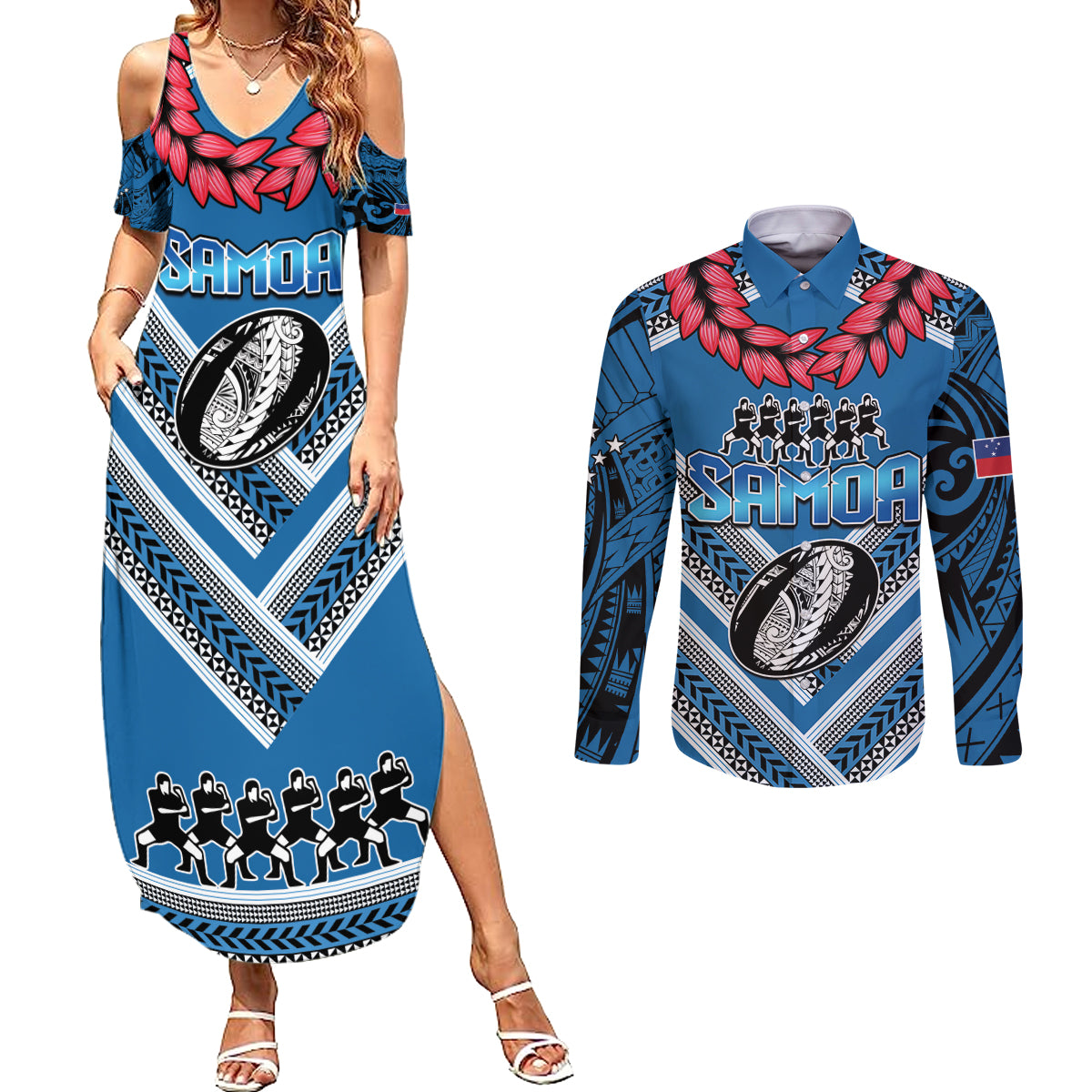 Custom Manuma Samoa Rugby Couples Matching Summer Maxi Dress and Long Sleeve Button Shirt Ula fala Samoan Siva Tau Tribal