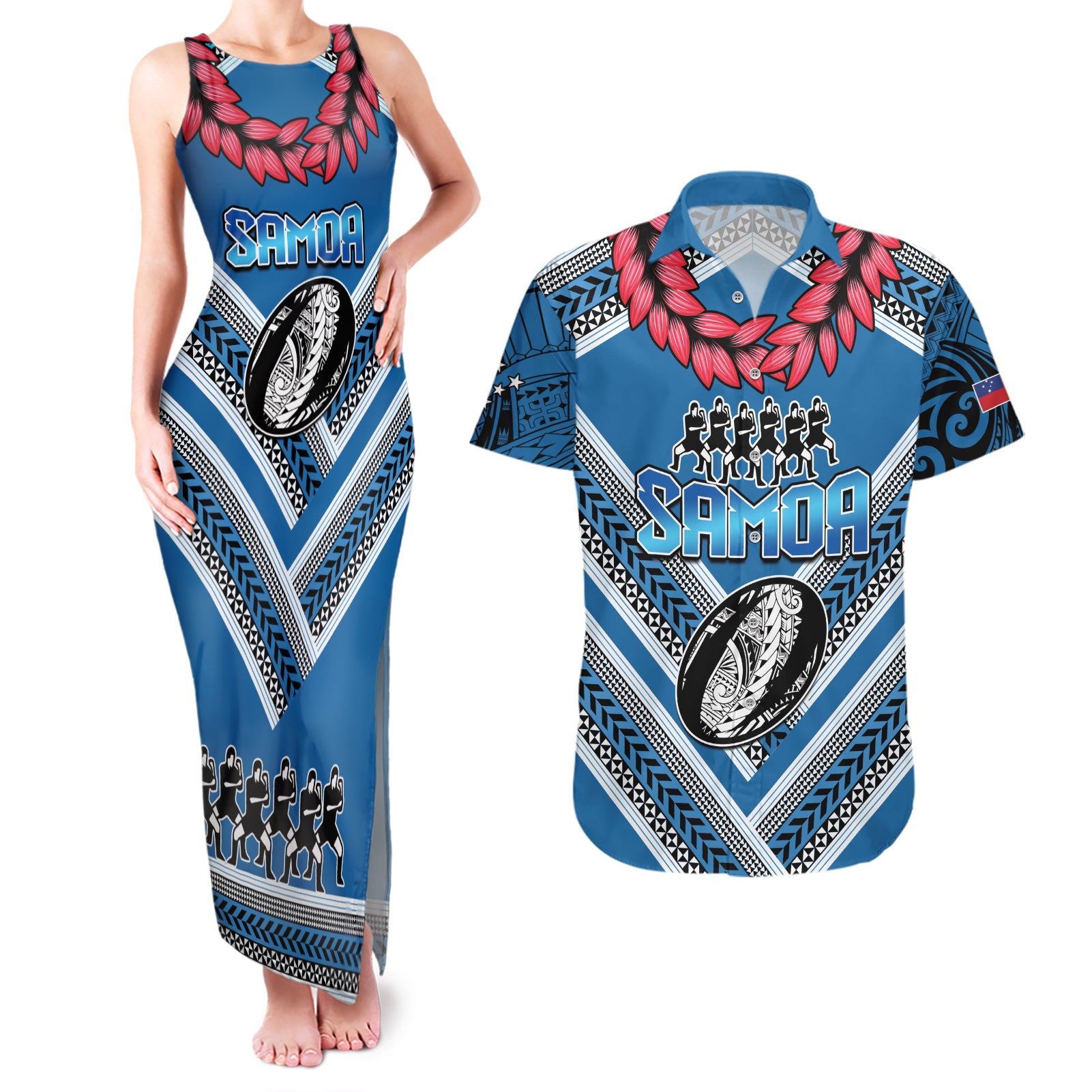 Custom Manuma Samoa Rugby Couples Matching Tank Maxi Dress and Hawaiian Shirt Ula fala Samoan Siva Tau Tribal