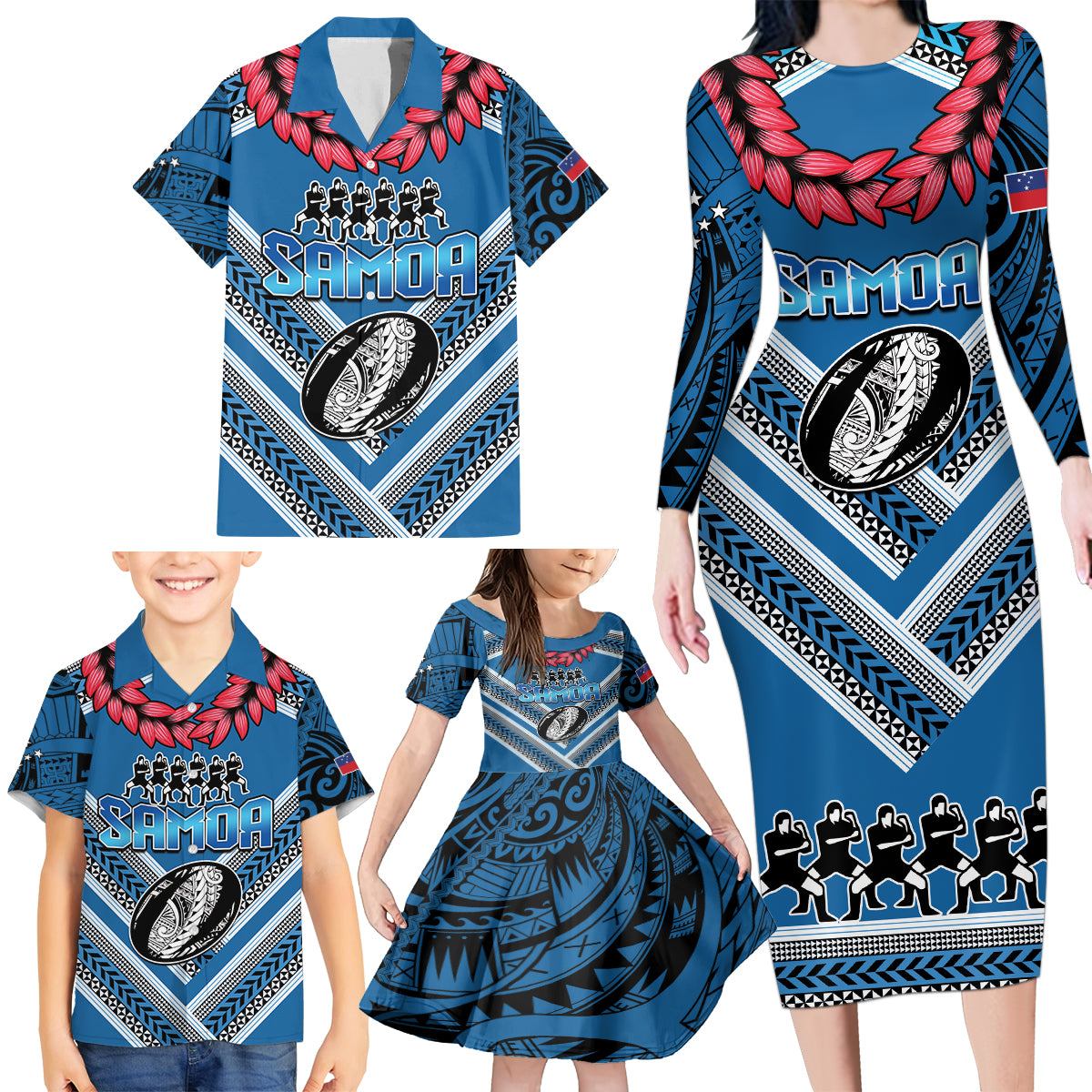 Custom Manuma Samoa Rugby Family Matching Long Sleeve Bodycon Dress and Hawaiian Shirt Ula fala Samoan Siva Tau Tribal