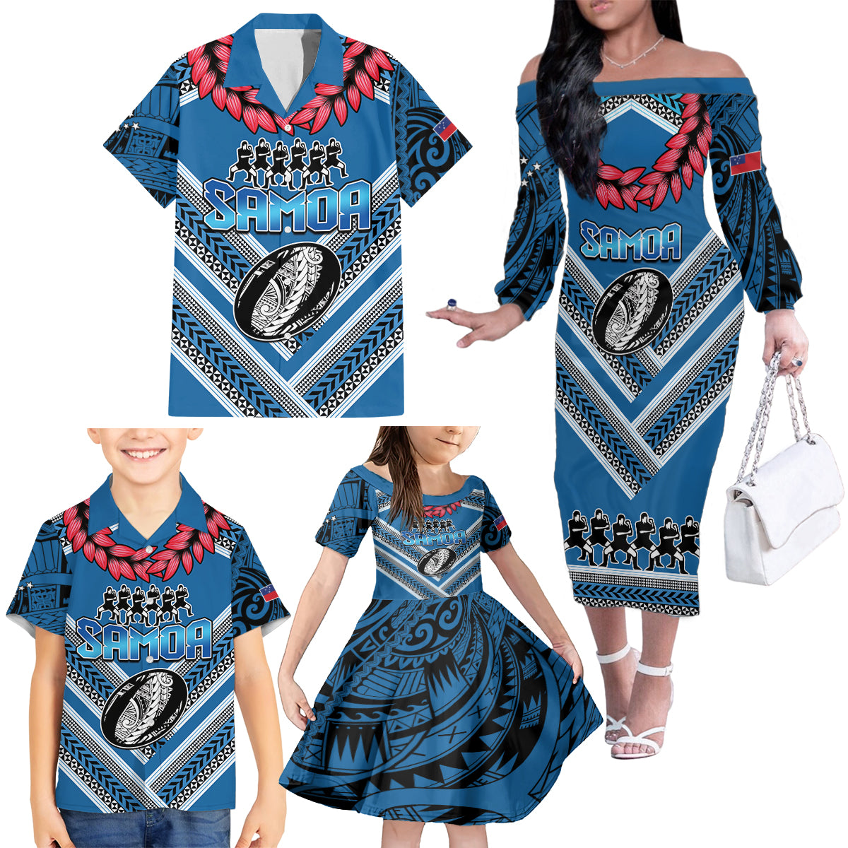 Custom Manuma Samoa Rugby Family Matching Off The Shoulder Long Sleeve Dress and Hawaiian Shirt Ula fala Samoan Siva Tau Tribal