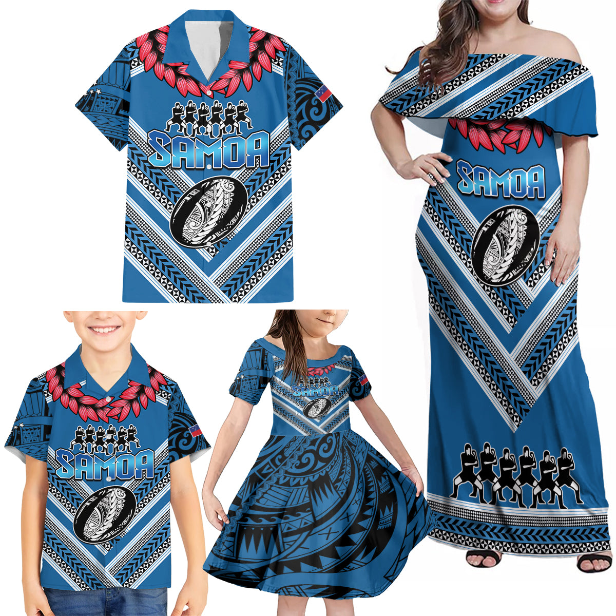 Custom Manuma Samoa Rugby Family Matching Off Shoulder Maxi Dress and Hawaiian Shirt Ula fala Samoan Siva Tau Tribal