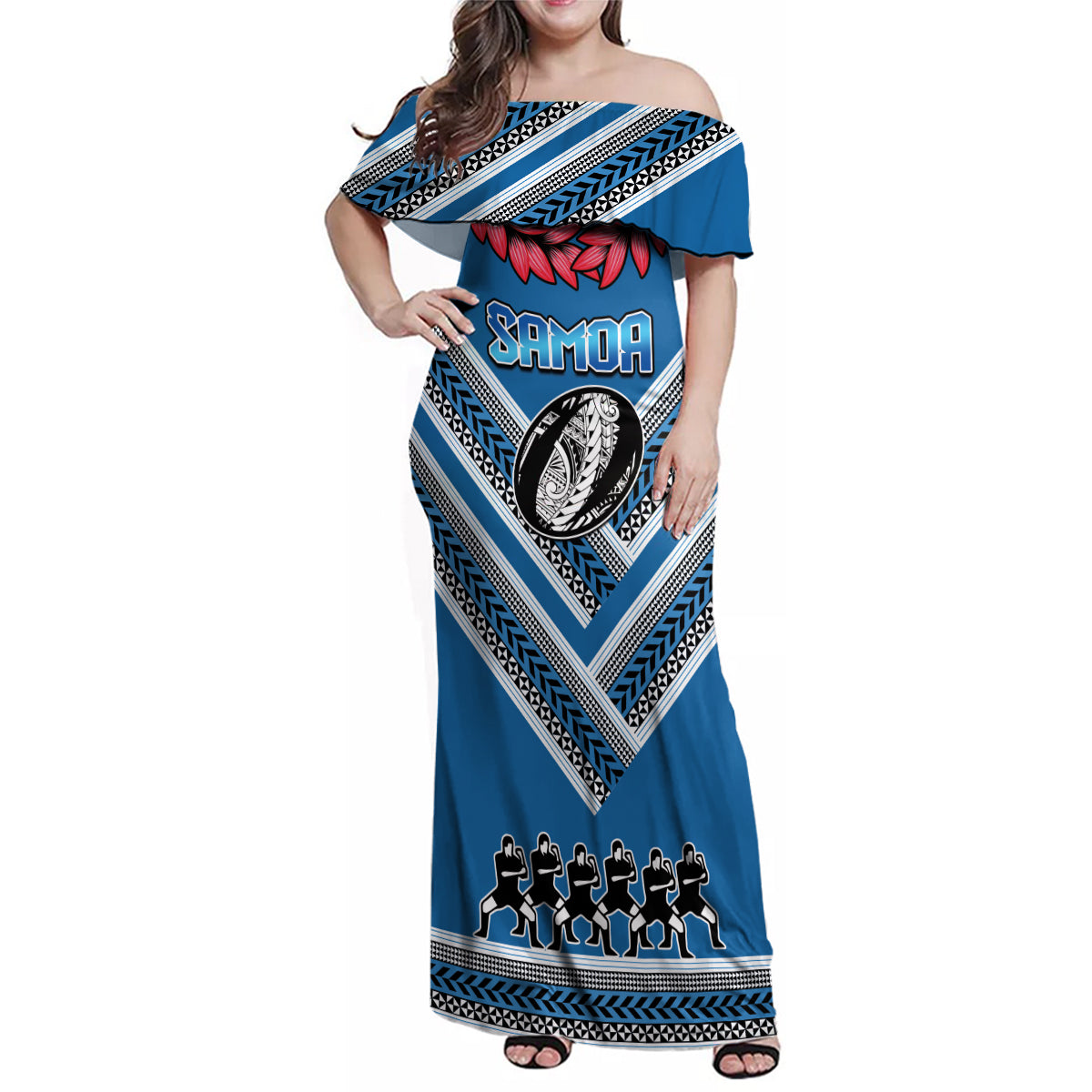 Custom Manuma Samoa Rugby Family Matching Off Shoulder Maxi Dress and Hawaiian Shirt Ula fala Samoan Siva Tau Tribal