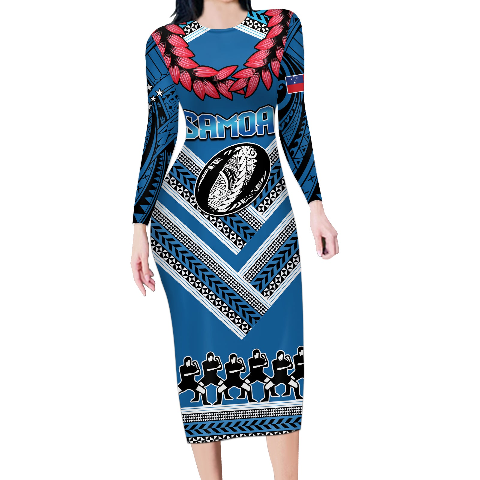 Custom Manuma Samoa Rugby Long Sleeve Bodycon Dress Ula fala Samoan Siva Tau Tribal