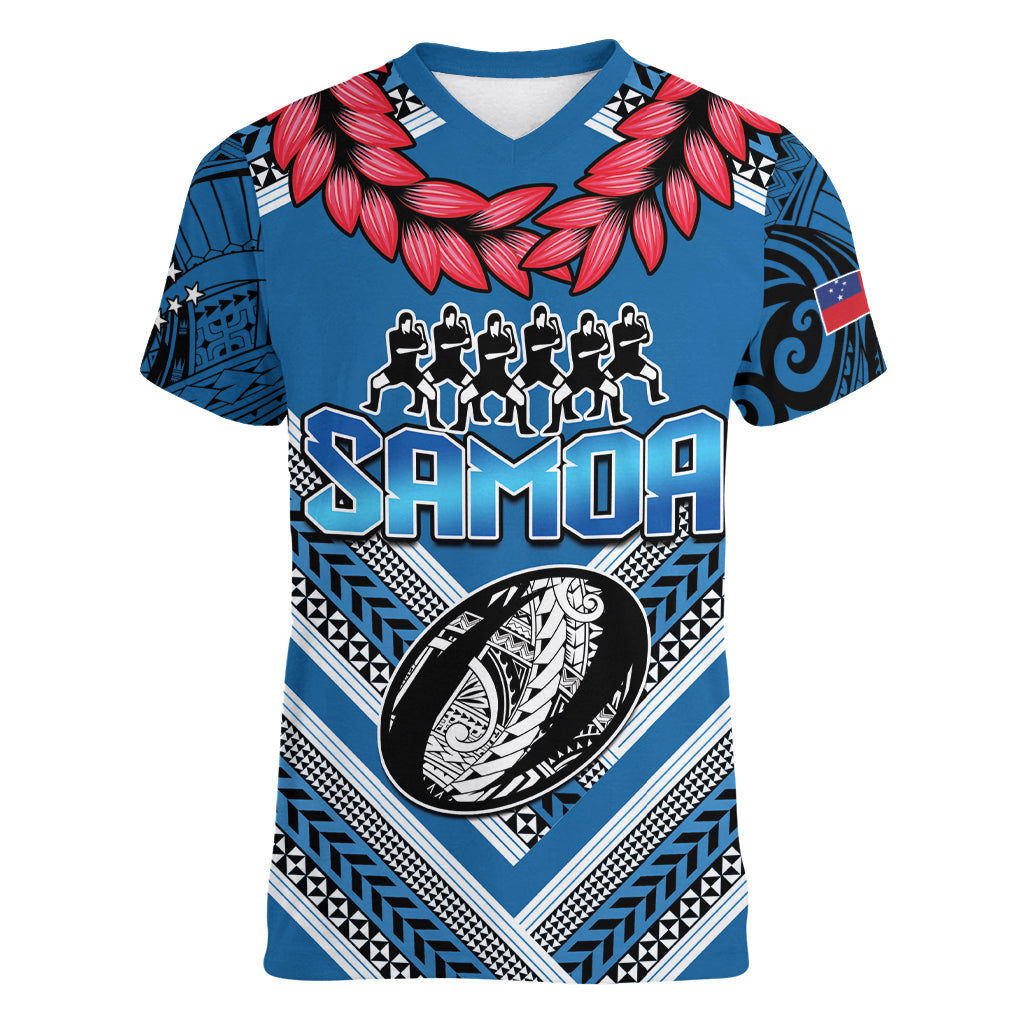 Custom Manuma Samoa Rugby Women V Neck T Shirt Ula fala Samoan Siva Tau Tribal