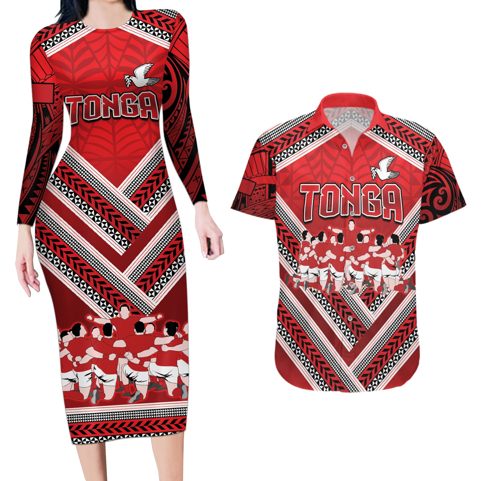 Custom Tonga Rugby Couples Matching Long Sleeve Bodycon Dress and Hawaiian Shirt Tonga Sipi Tau Ngatu Tribal Pattern