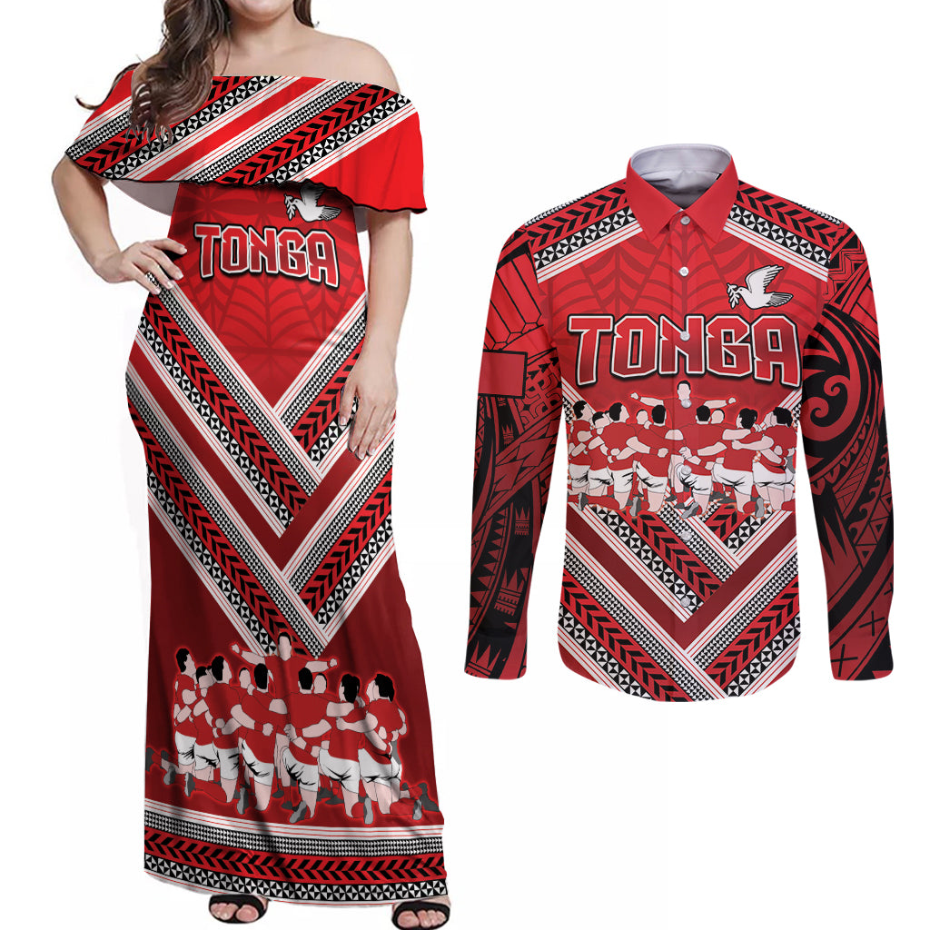 Custom Tonga Rugby Couples Matching Off Shoulder Maxi Dress and Long Sleeve Button Shirt Tonga Sipi Tau Ngatu Tribal Pattern