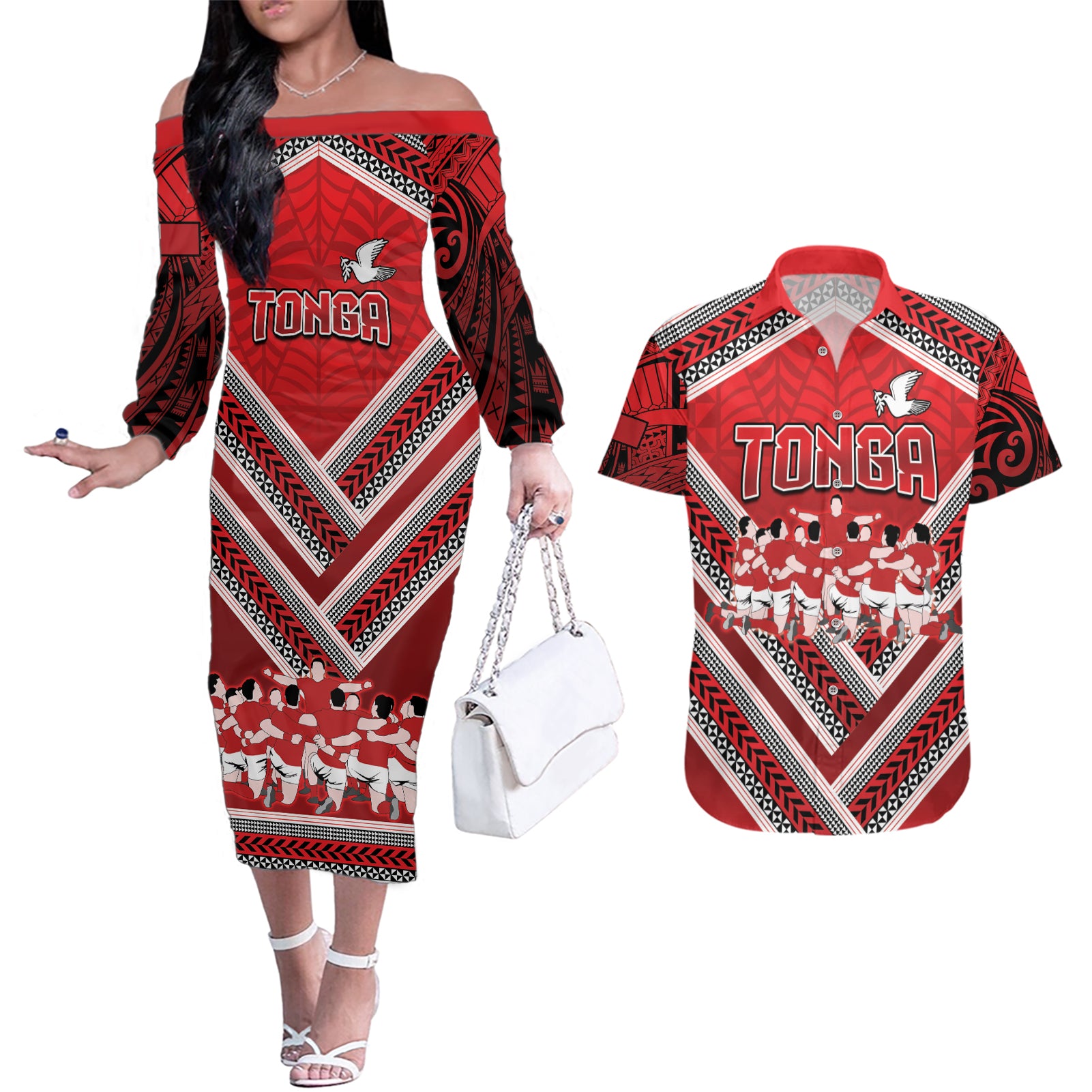 Custom Tonga Rugby Couples Matching Off The Shoulder Long Sleeve Dress and Hawaiian Shirt Tonga Sipi Tau Ngatu Tribal Pattern