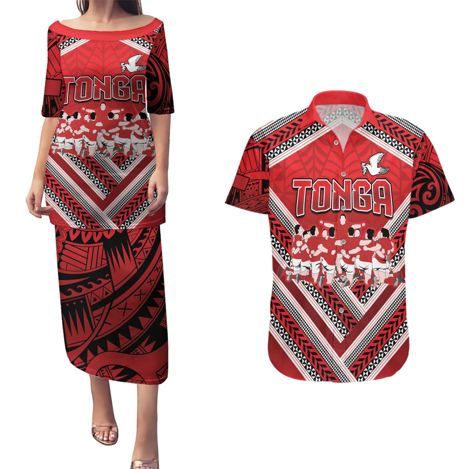 Custom Tonga Rugby Couples Matching Puletasi and Hawaiian Shirt Tonga Sipi Tau Ngatu Tribal Pattern