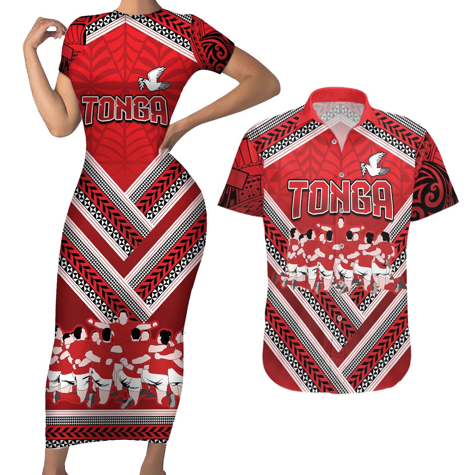 Custom Tonga Rugby Couples Matching Short Sleeve Bodycon Dress and Hawaiian Shirt Tonga Sipi Tau Ngatu Tribal Pattern