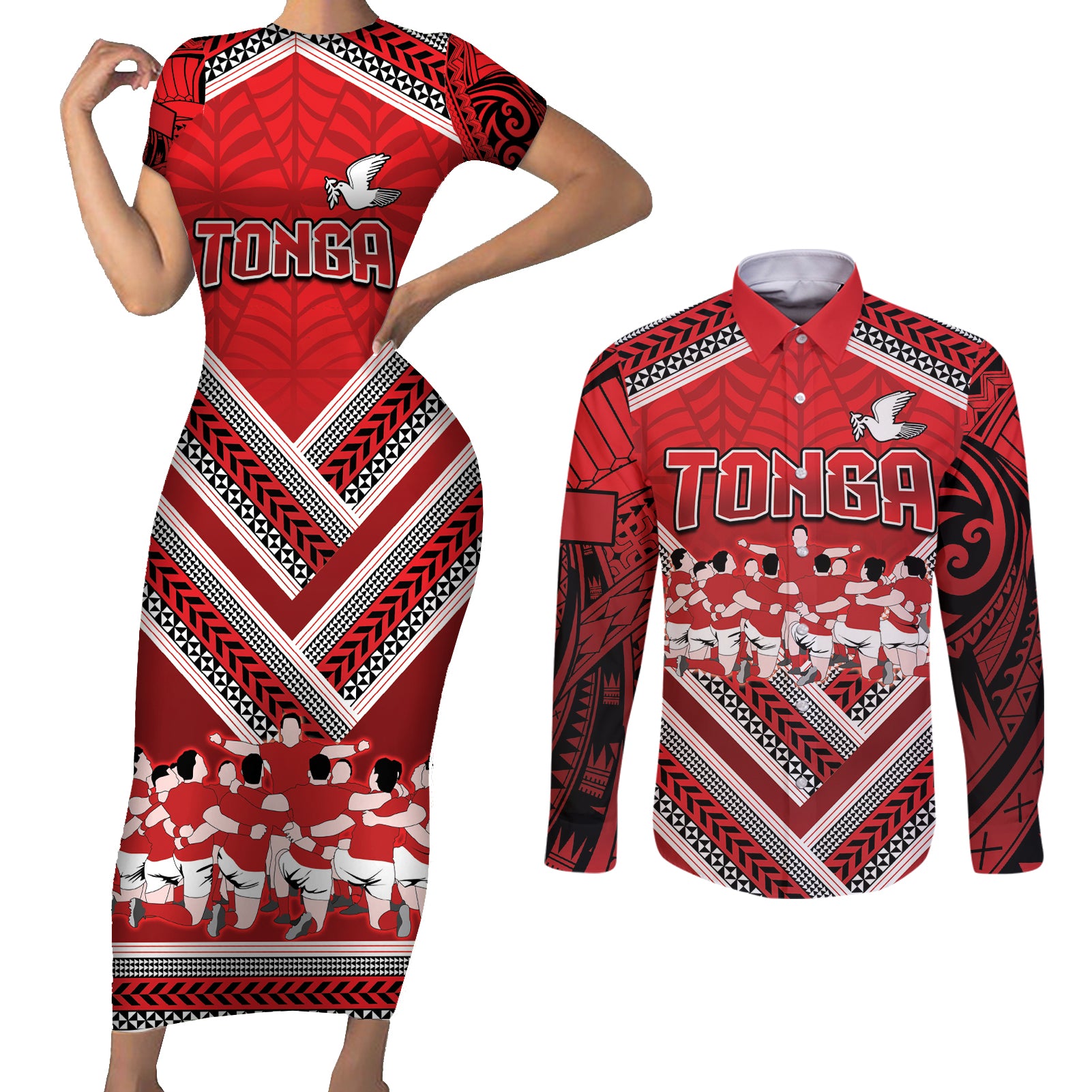 Custom Tonga Rugby Couples Matching Short Sleeve Bodycon Dress and Long Sleeve Button Shirt Tonga Sipi Tau Ngatu Tribal Pattern