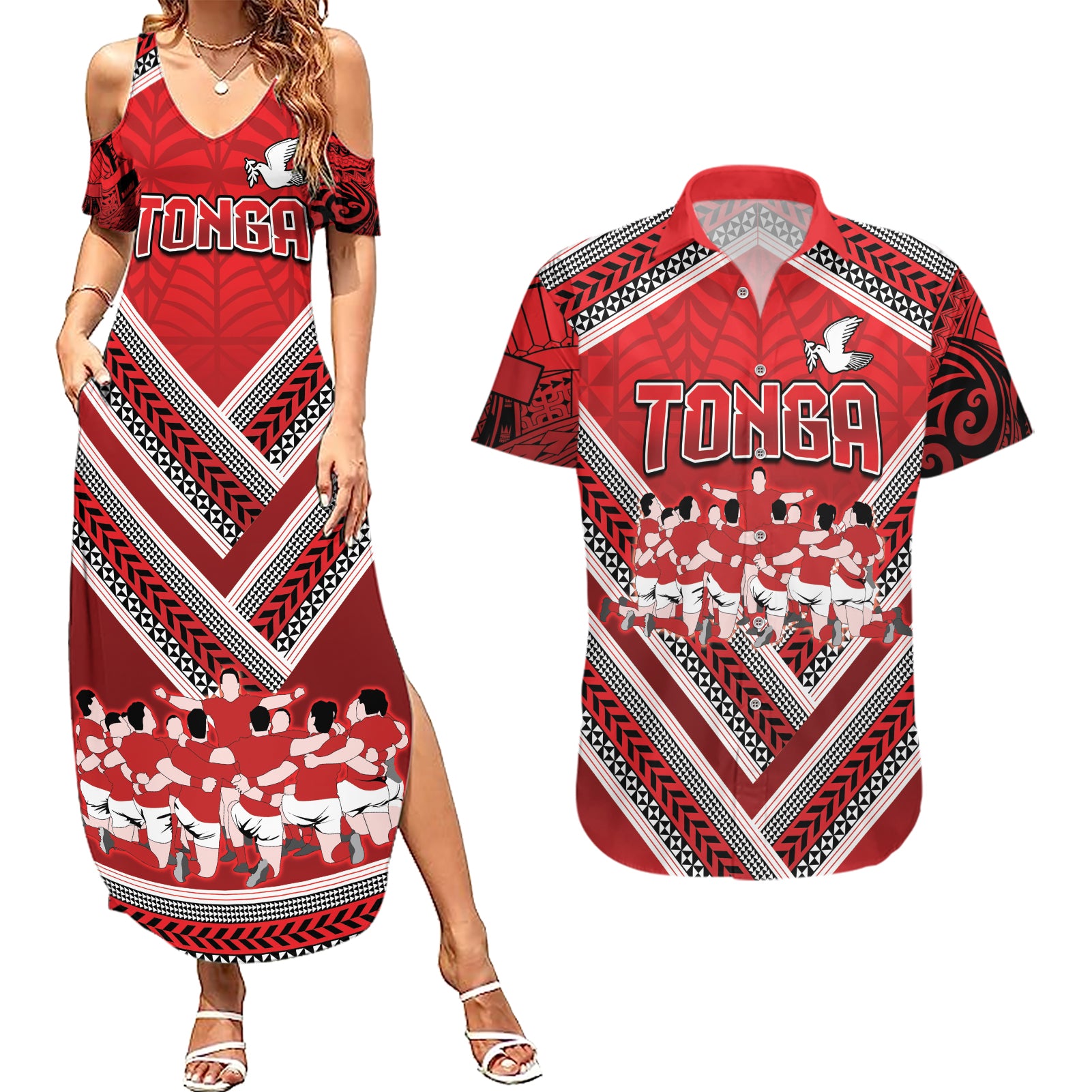 Custom Tonga Rugby Couples Matching Summer Maxi Dress and Hawaiian Shirt Tonga Sipi Tau Ngatu Tribal Pattern