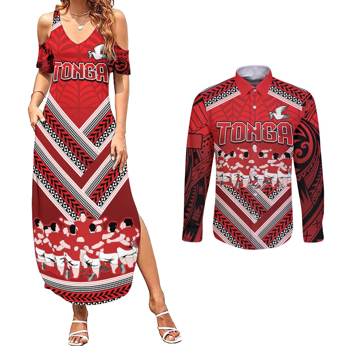 Custom Tonga Rugby Couples Matching Summer Maxi Dress and Long Sleeve Button Shirt Tonga Sipi Tau Ngatu Tribal Pattern