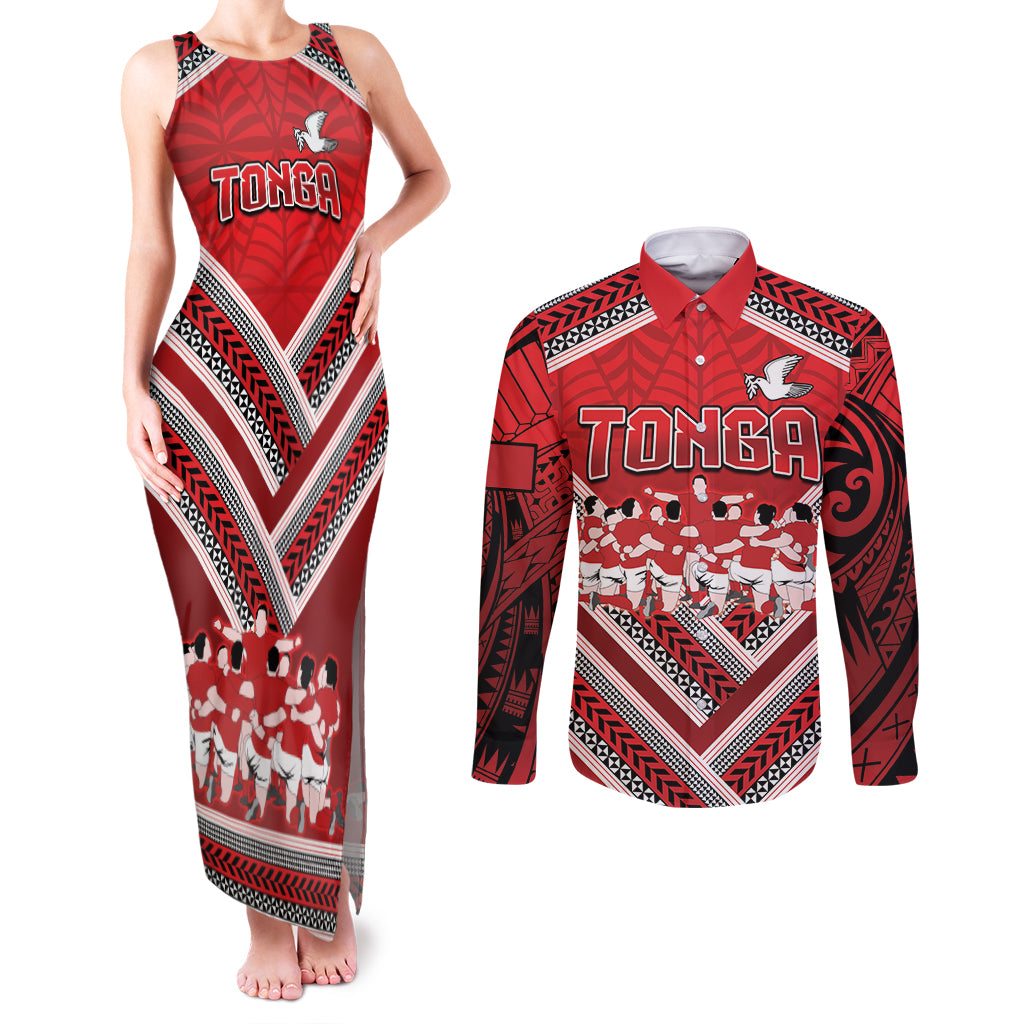 Custom Tonga Rugby Couples Matching Tank Maxi Dress and Long Sleeve Button Shirt Tonga Sipi Tau Ngatu Tribal Pattern